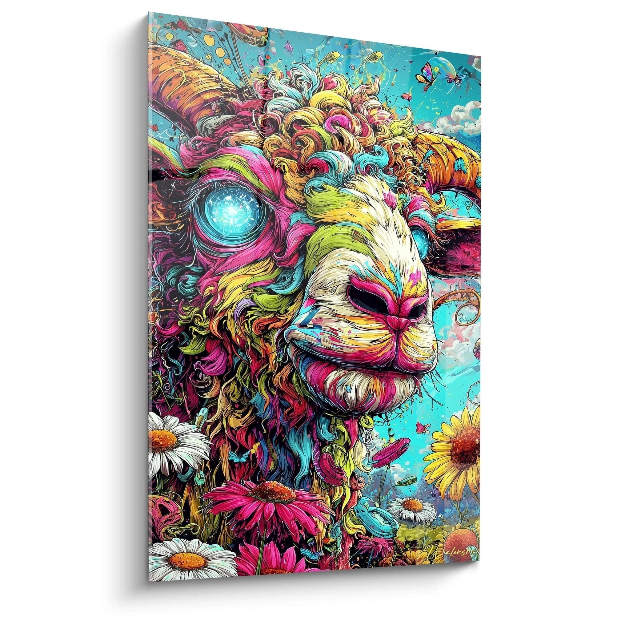 Buntes Wandbild eines Alpakas in psychedelischen Regenbogenfarben mit leuchtenden Mustern und Blumen