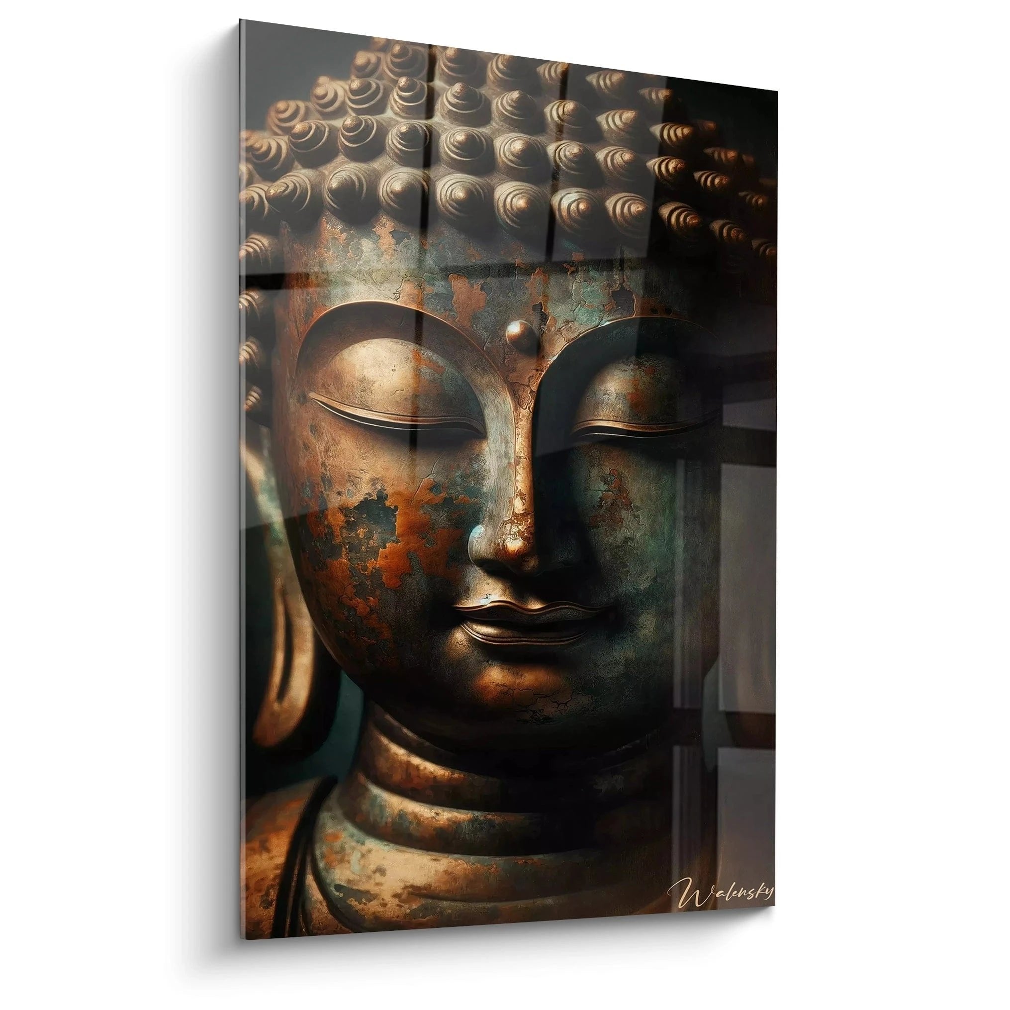 Buddha Wandbild antik mit Kupferpatina und Spiralmustern für Meditation und spirituelle Dekoration