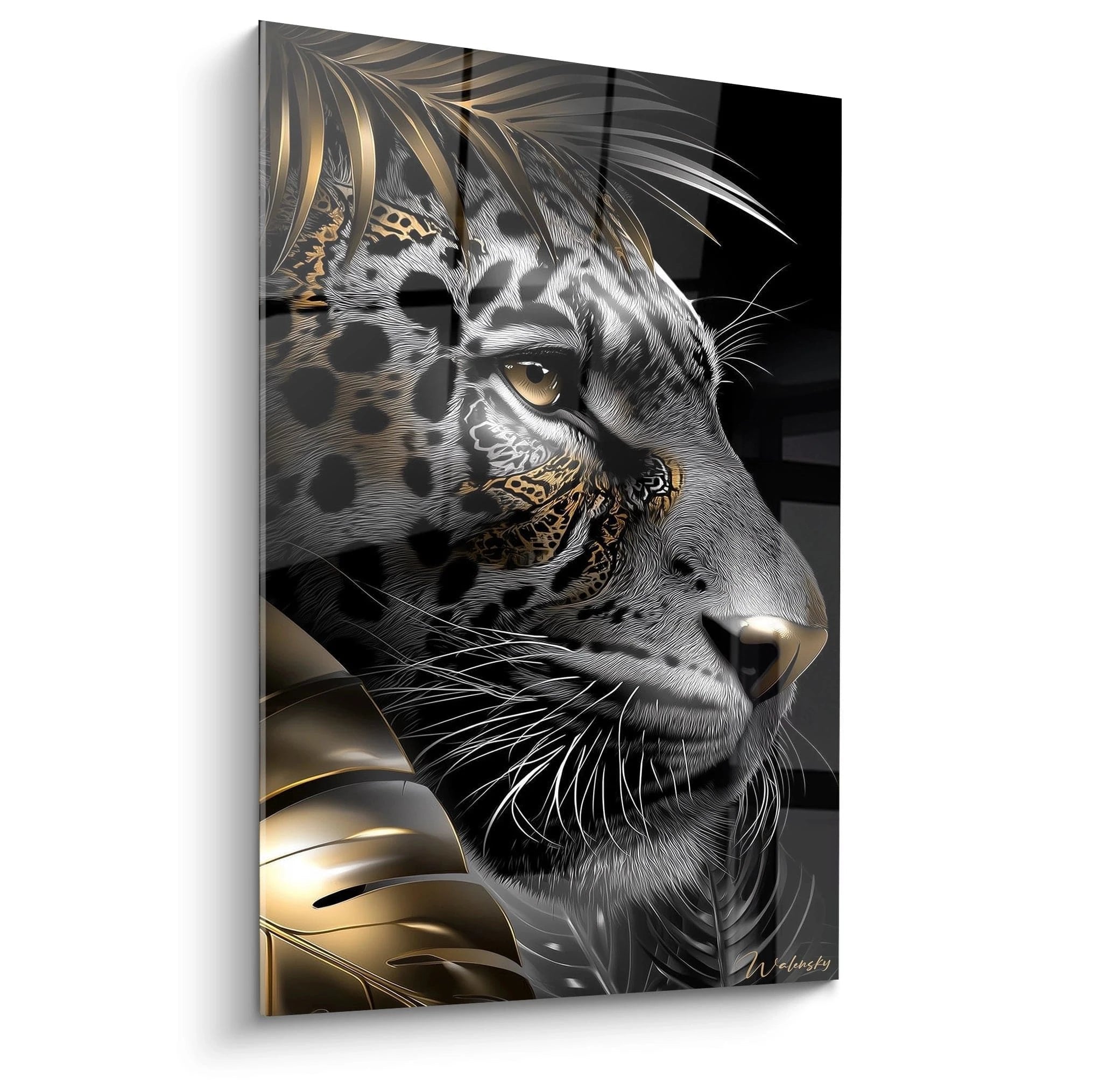 Luxuriöses Jaguar Wandbild mit goldenen Details im Schwarz-Gold Design für edle Wanddekoration