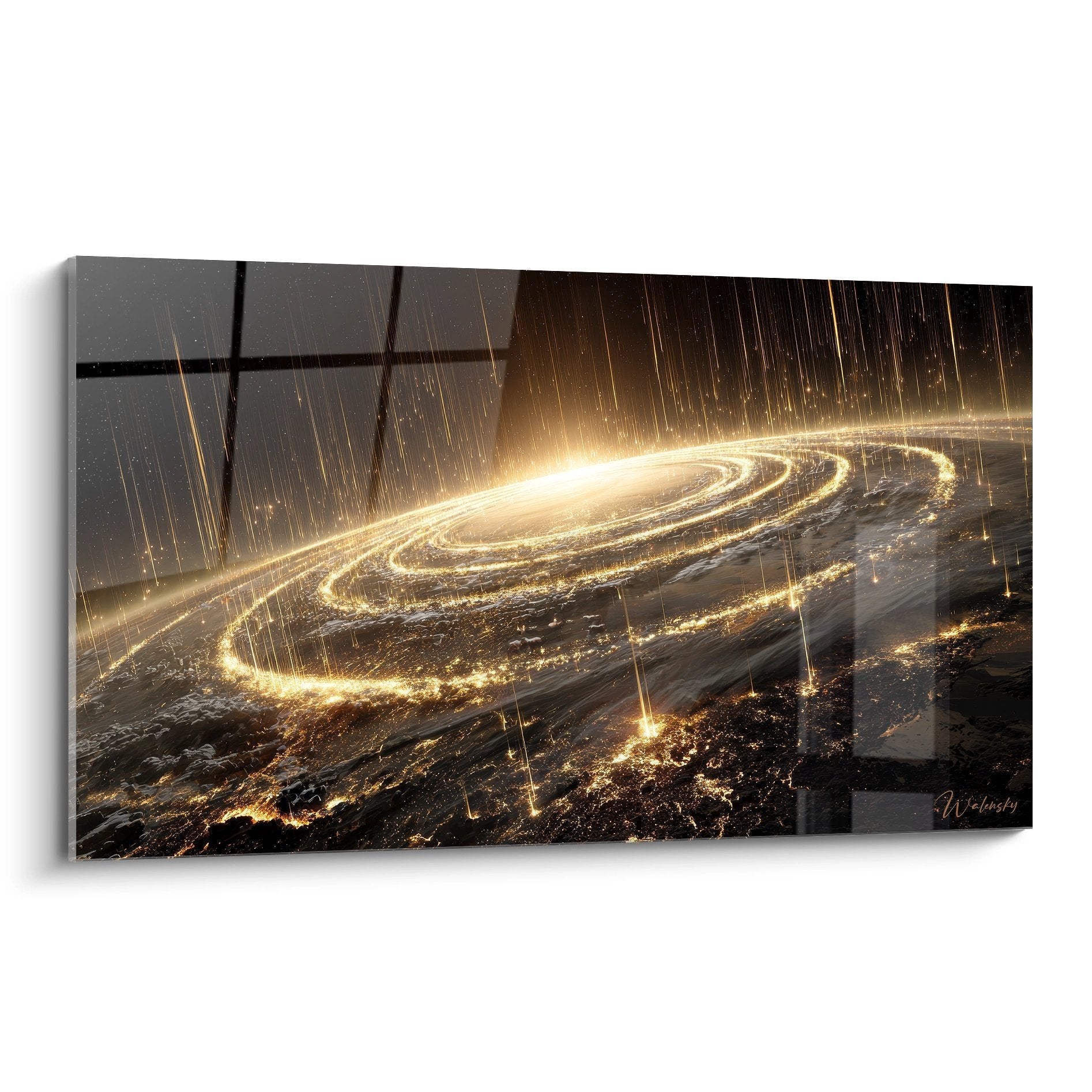 Wandbild leuchtende Spiralgalaxie mit goldenem kosmischen Regen und dramatischen Lichteffekten im Weltraum