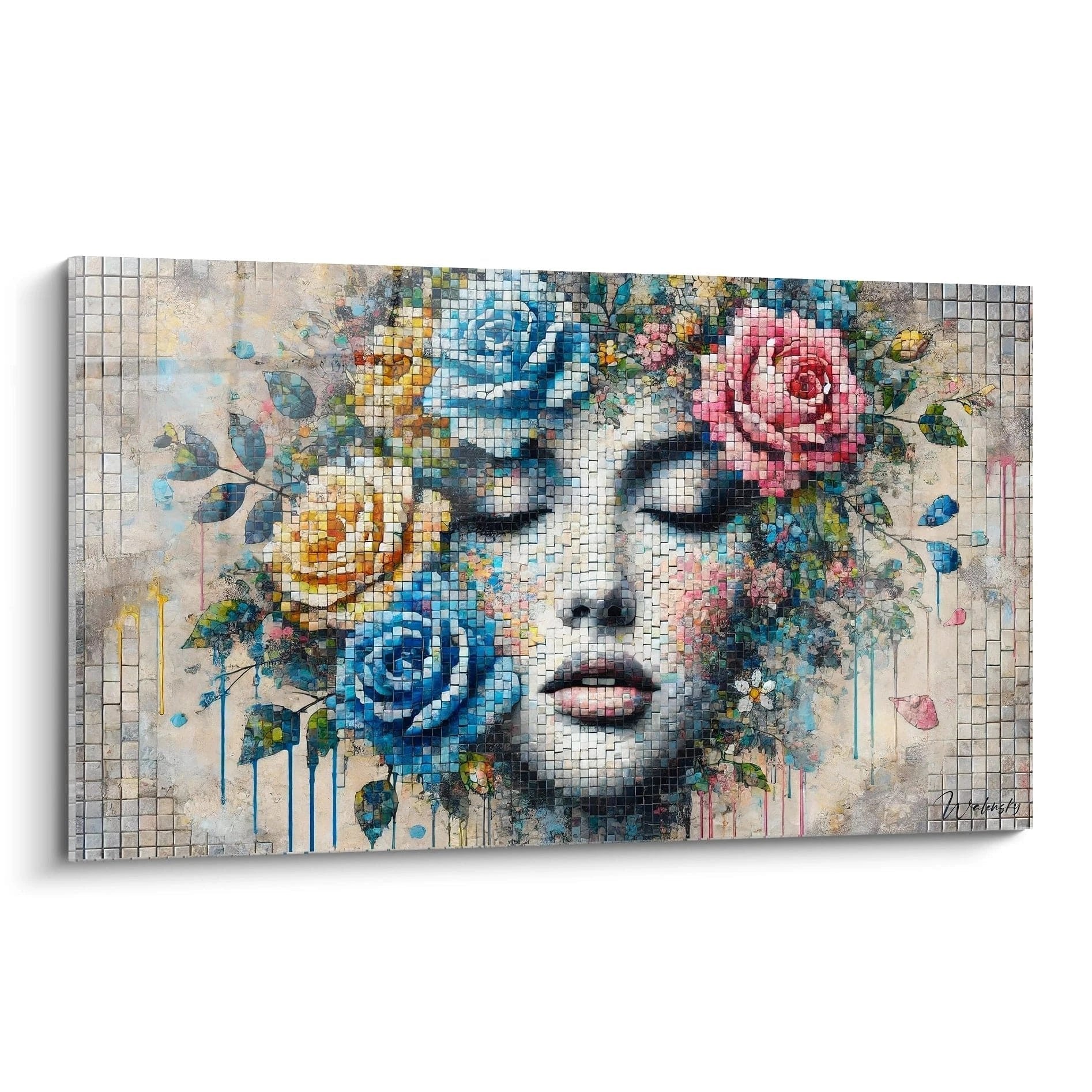 Wandbild Frauenporträt mit bunten Blumen und Mosaik-Effekt in Blau und Rosa Tönen, Edition Mosaik Kunstwerk