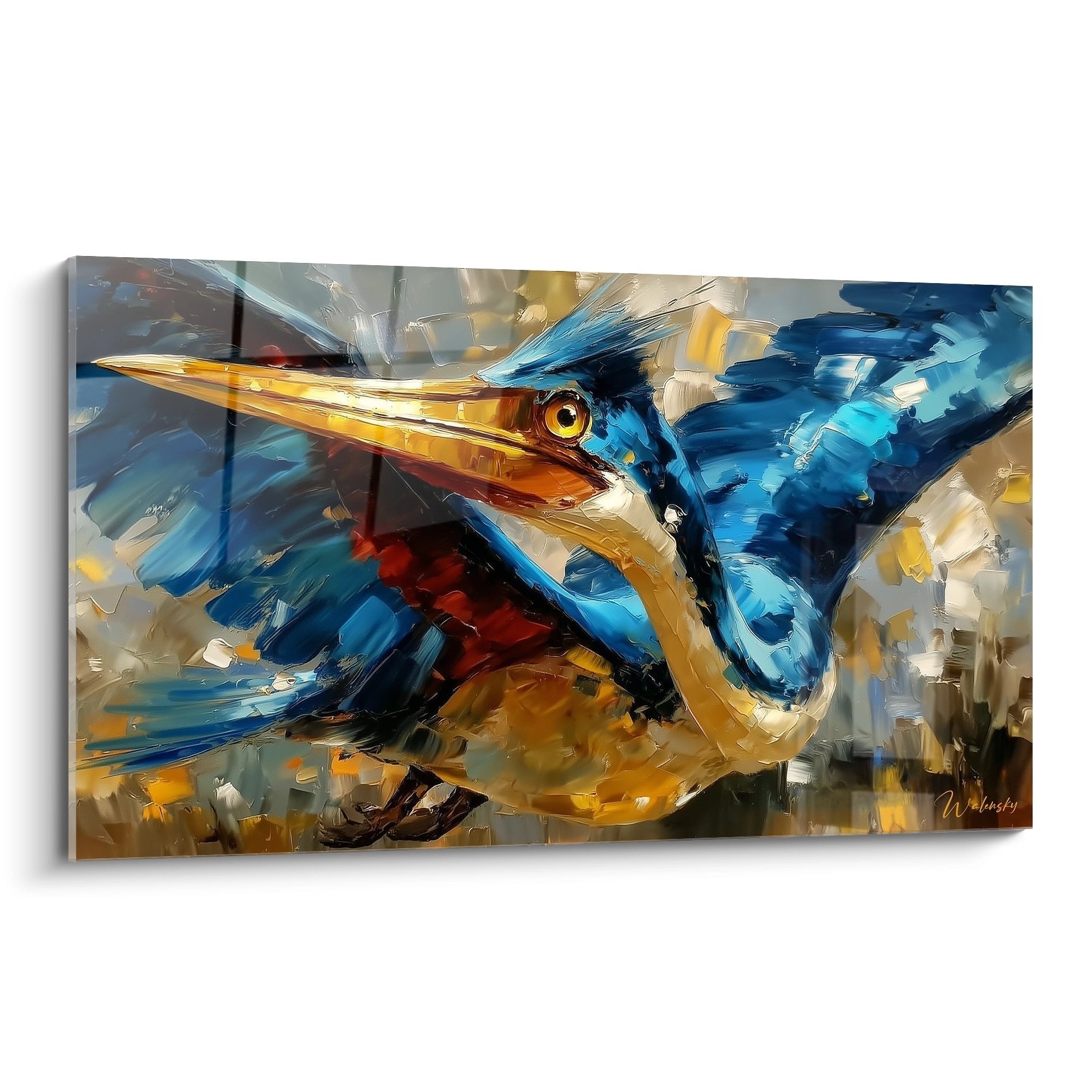 Expressives Wandbild eines blauen Eisvogels im Flug mit orangem Auge und dynamischen Pinselstrichen