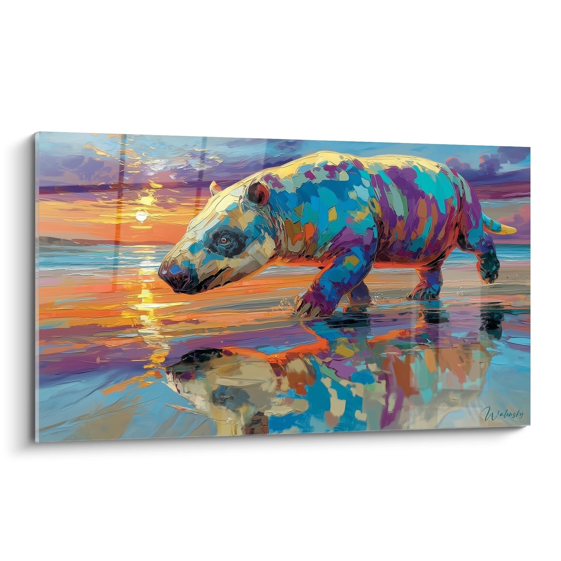 Bunter Andrewsarchus steht bei Sonnenuntergang im Meerwasser mit Spiegelung - Wandbild Edition Andrewsarchus