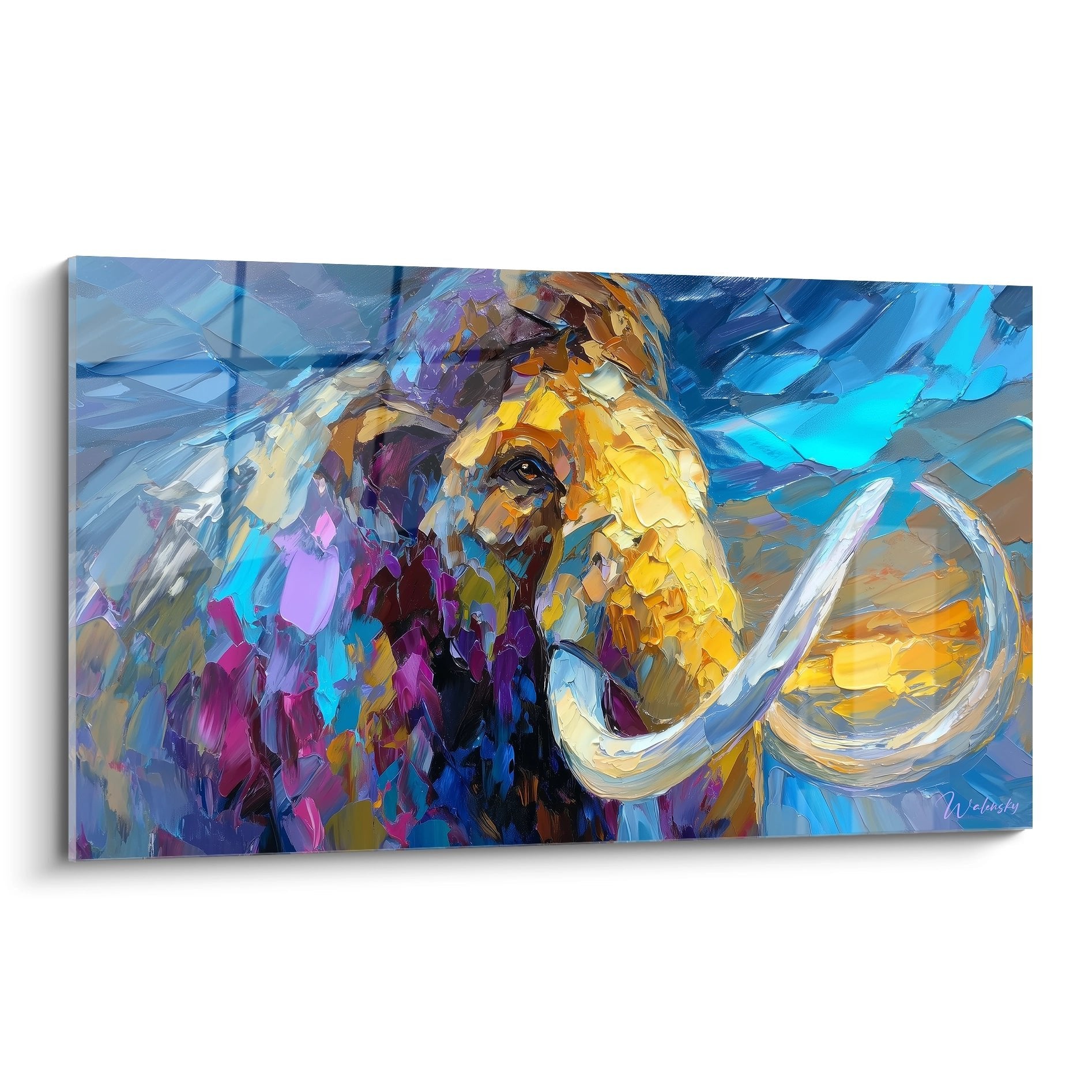 Expressionistisches Wandbild Wollmammut in leuchtenden Blau- und Gelbtönen mit weißen Stoßzähnen