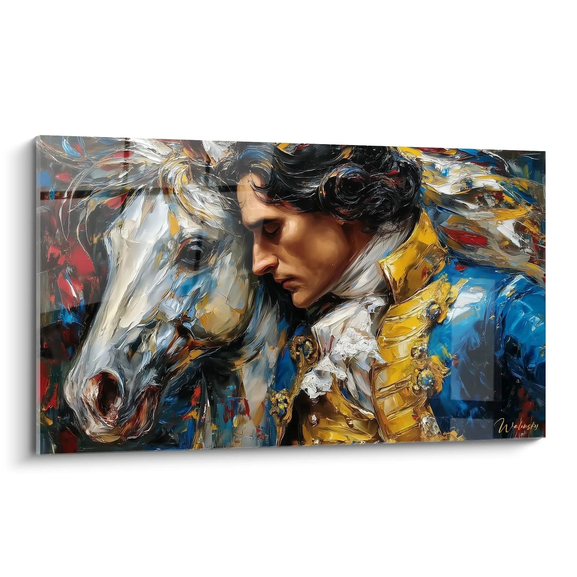 Napoleon Bonaparte mit weißem Pferd in expressiver Malerei, blaue Uniform mit goldenen Details