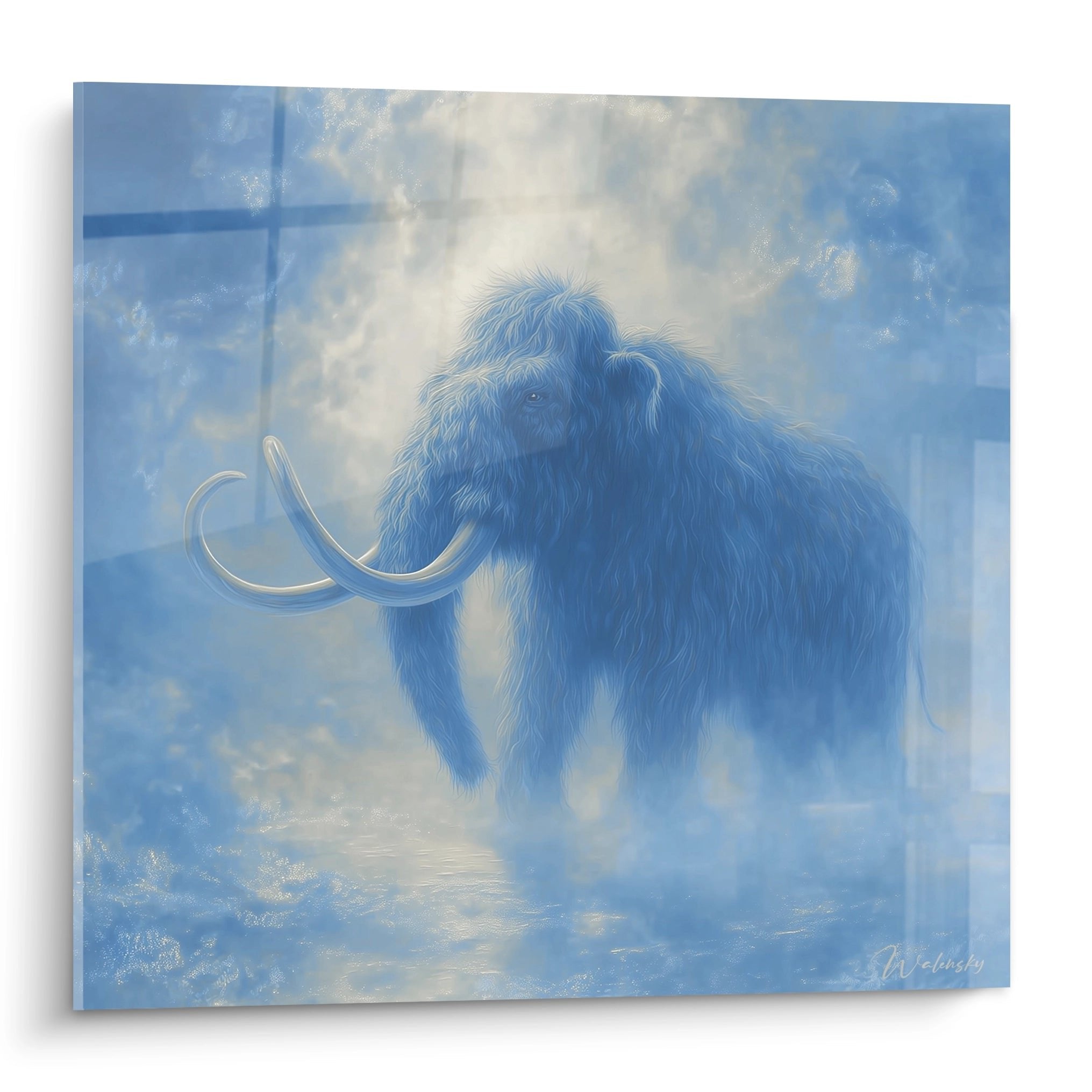 Wollmammut Wandbild in blauen Tönen mit Schneesturm und gebogenen Stoßzähnen, Eiszeit Dekoration