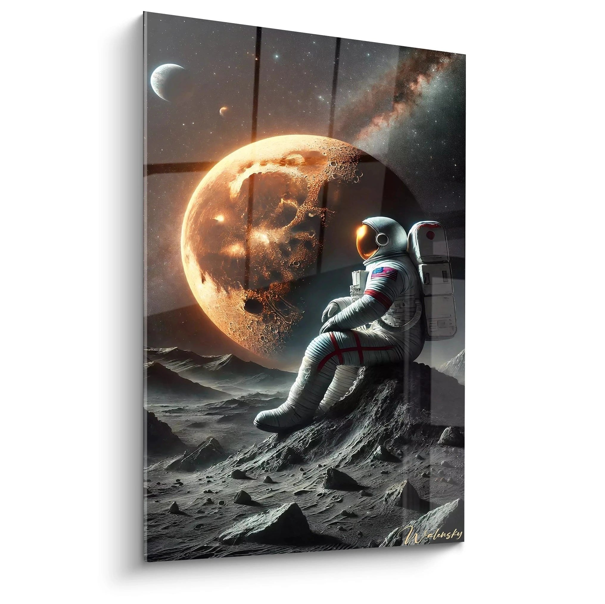 Wandbild Astronaut auf fremdem Planeten mit rotem Himmelskörper und Sternenhimmel im Weltraum