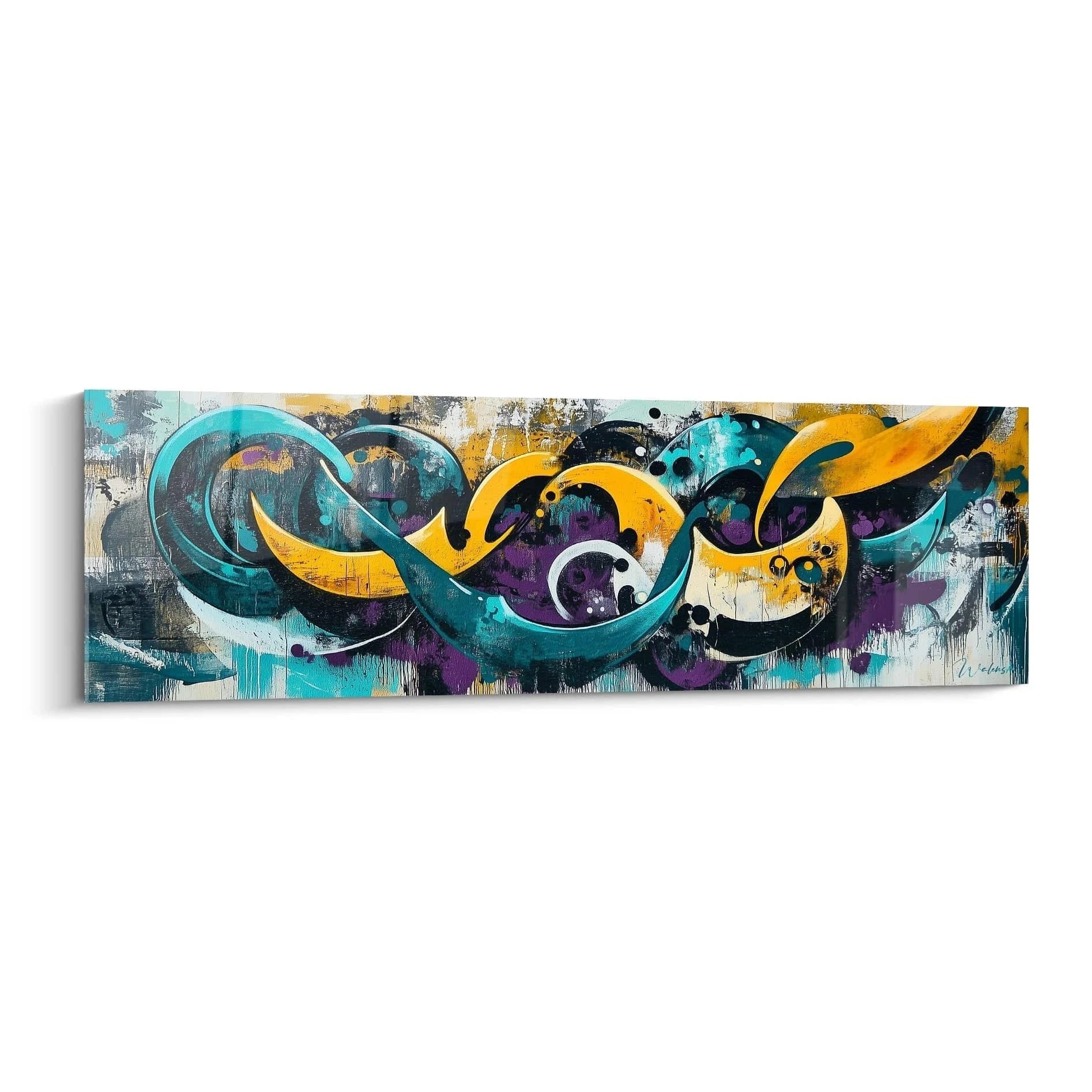 Abstraktes Graffiti Wandbild mit türkisen und orangen Wellen auf texturiertem Hintergrund