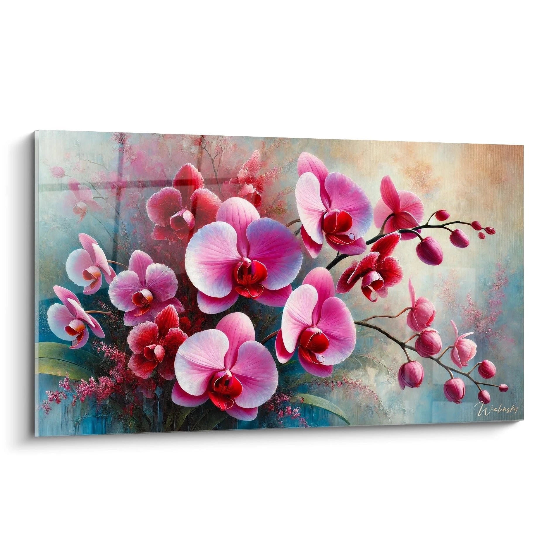 Elegantes Orchideen-Wandbild mit rosa und violetten Blueten auf kunstvollem Hintergrund in Premium-Qualitaet