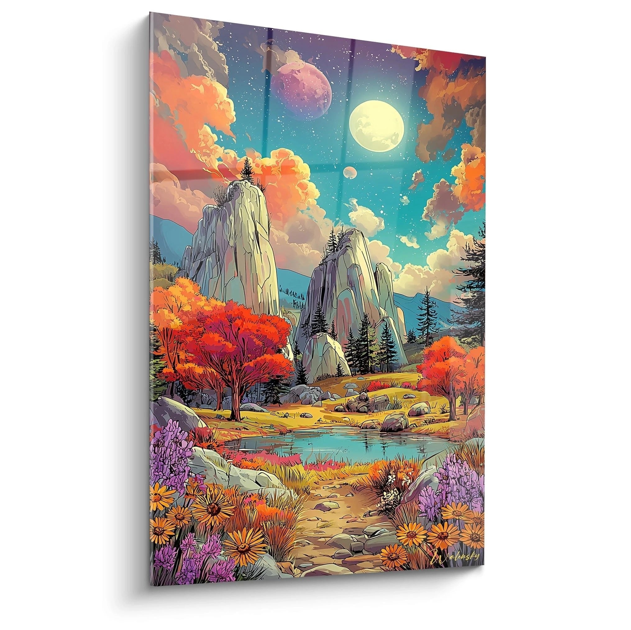 Comic Wandbild fantastische Berglandschaft mit Herbstfarben, mystischen Planeten und märchenhafter Atmosphäre