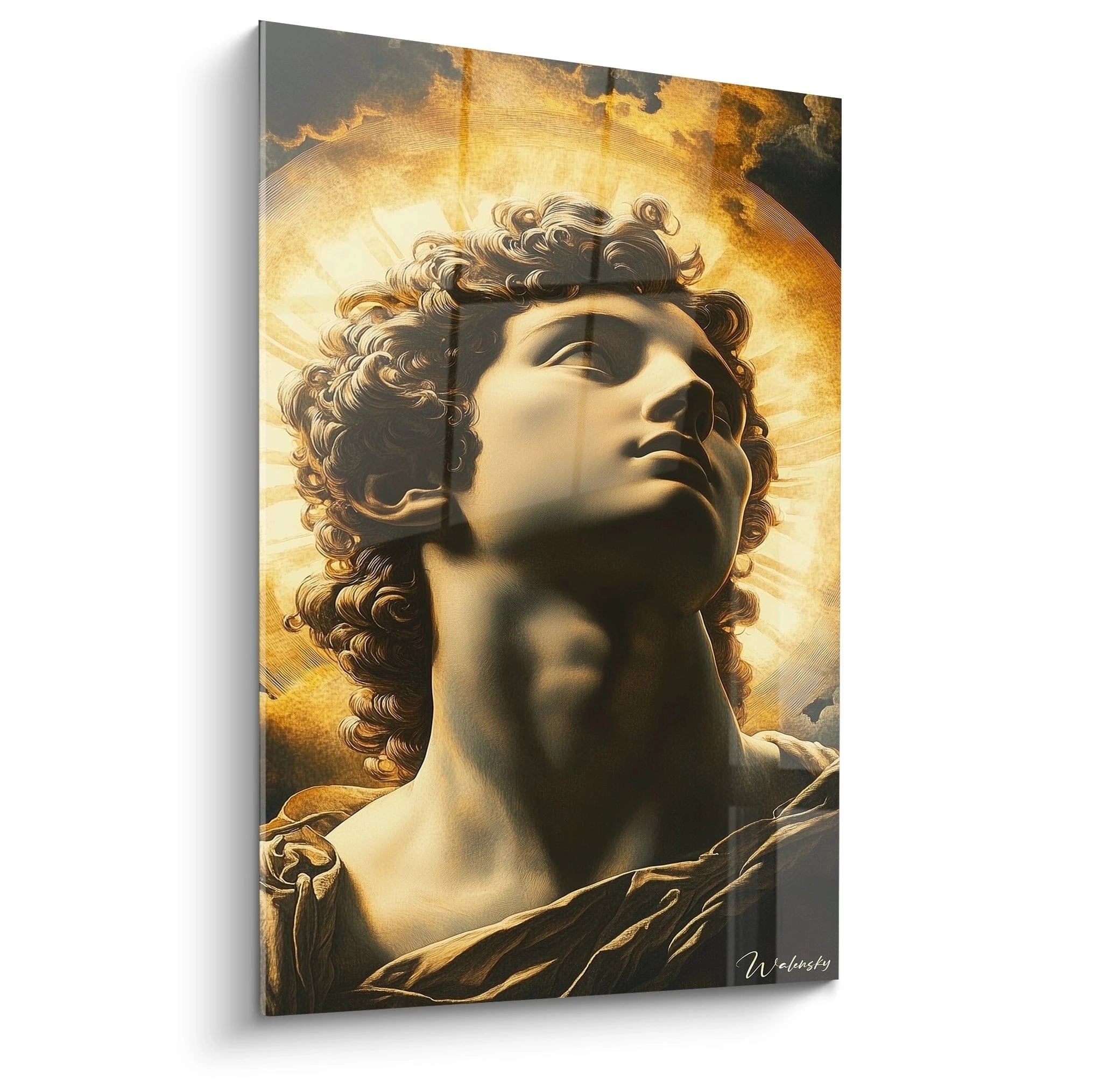 Wandbild Apollo Sonnengott mit lockigen Haaren blickt himmelwärts im goldenen göttlichen Licht