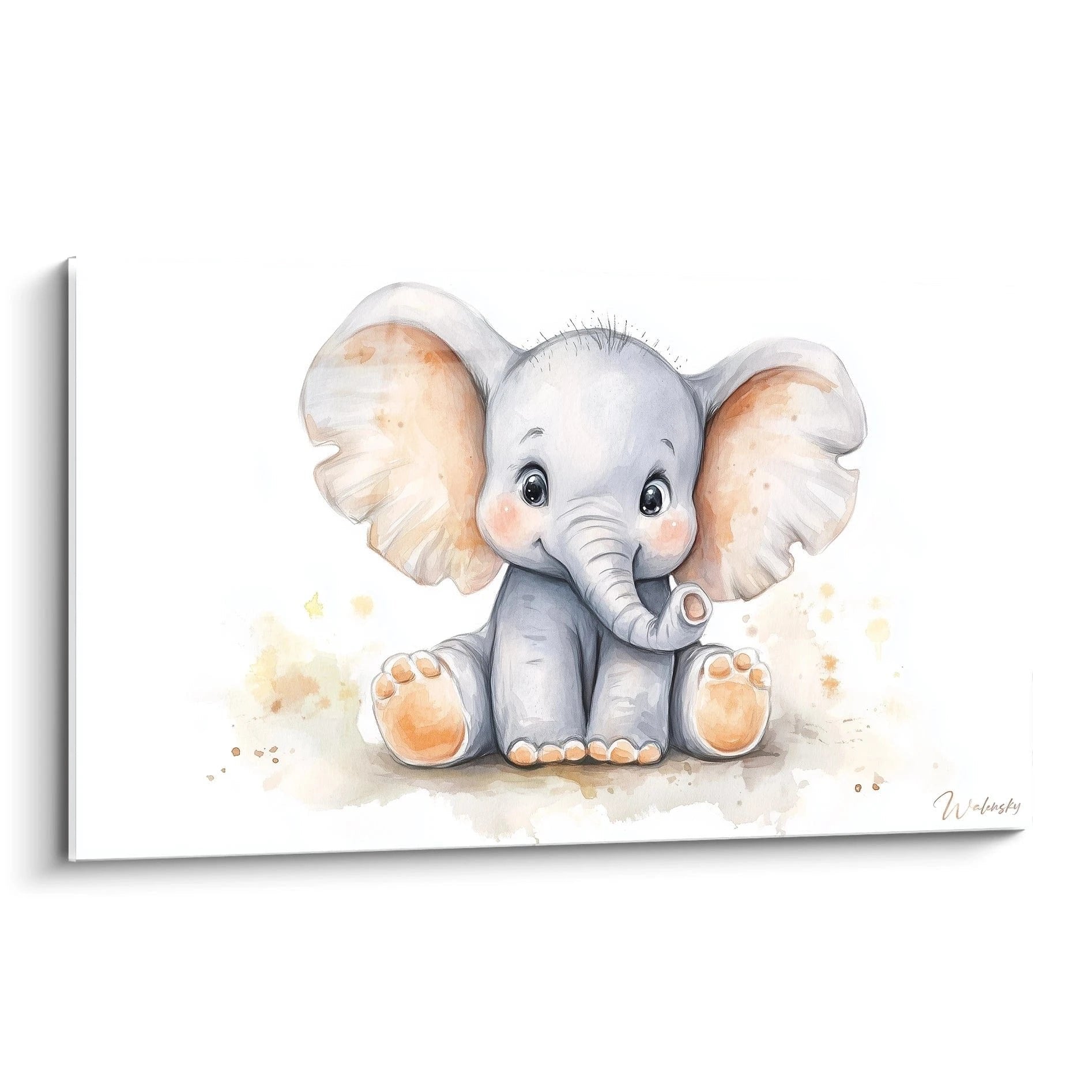 Süßes Baby Elefant Wandbild im Aquarell-Stil mit großen Ohren und rosa Fußsohlen für Kinderzimmer Dekoration