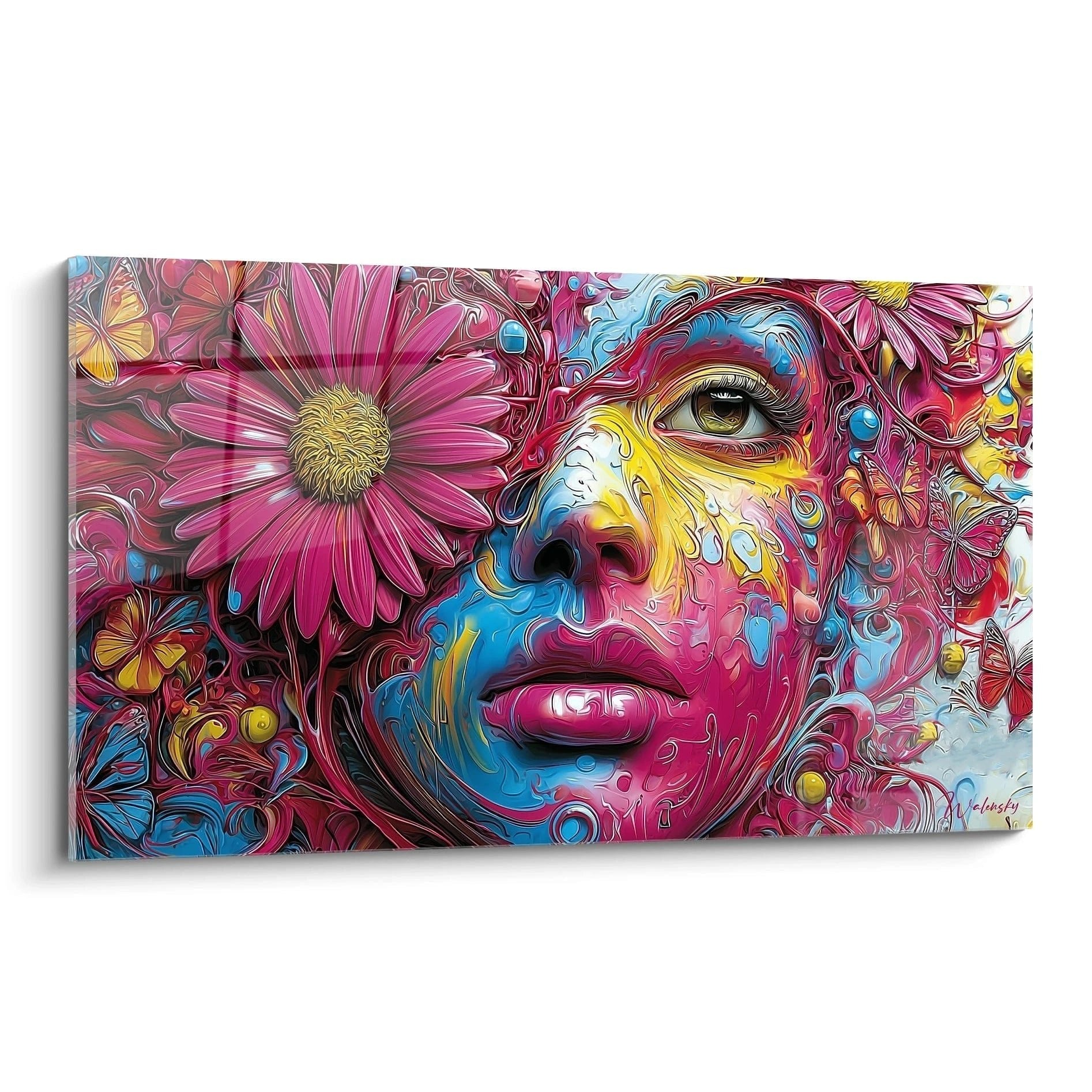 Psychedelisches Wandbild einer Frau mit rosa Blüten und bunten Farbverläufen in Pink, Blau und Gelb
