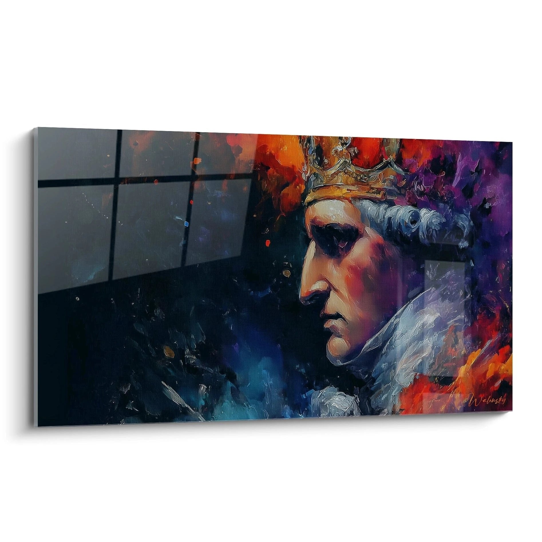Wandbild Königsporträt im Profil mit goldener Krone in Orange Violett Blau Edition Ludwig XVI