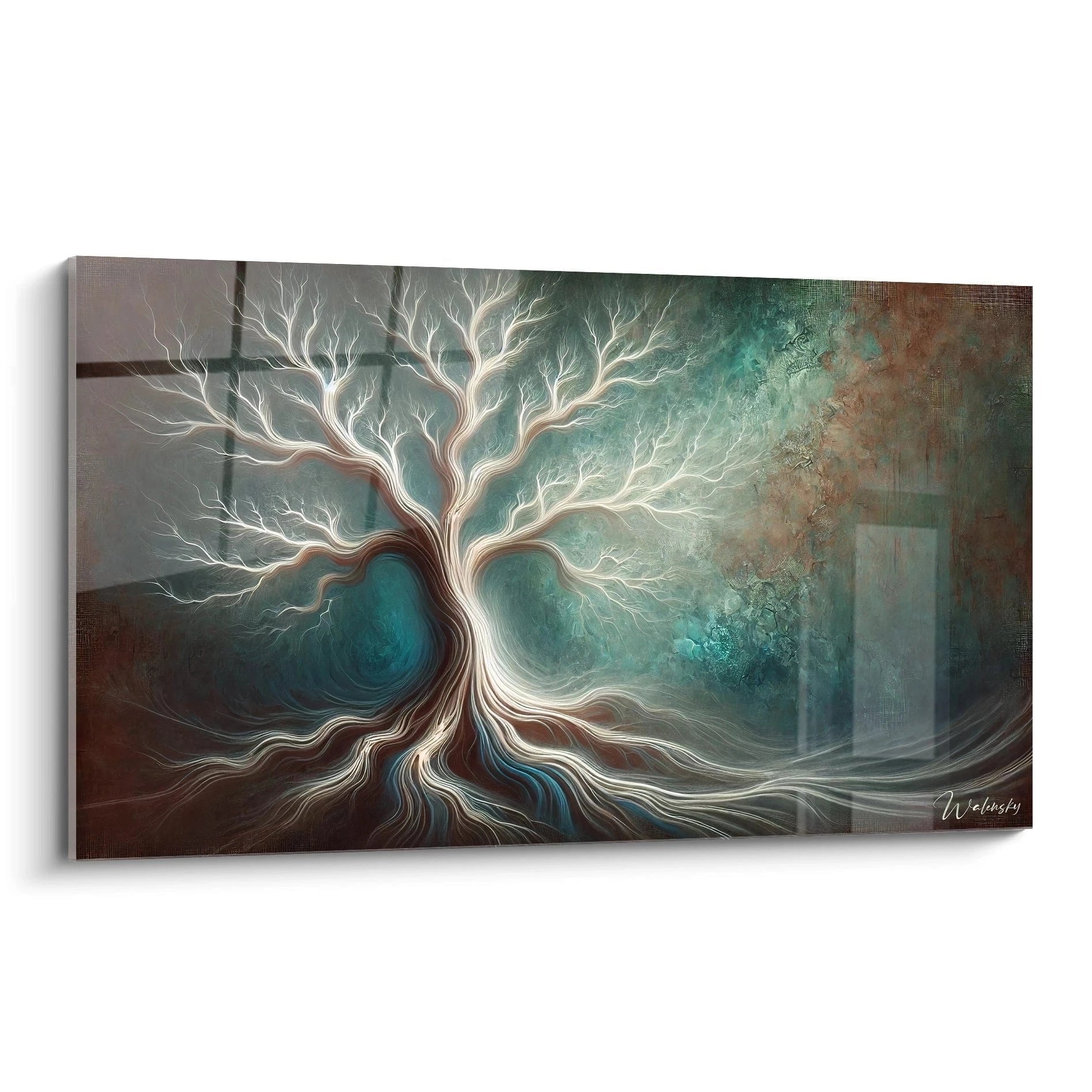 Mystischer Lebensbaum mit leuchtenden weißen Ästen und fließenden Wurzeln in türkis-brauner Farbpalette