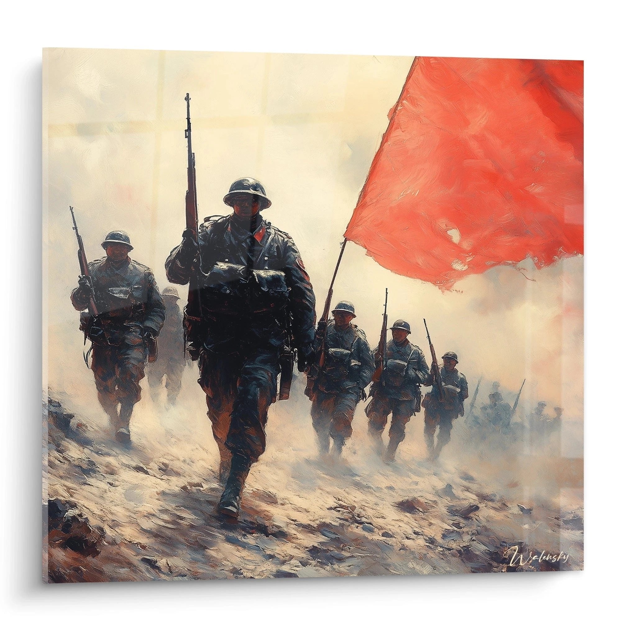 Deutsche Soldaten in feldgrauer Uniform marschieren mit roter Fahne über Schlachtfeld im Ersten Weltkrieg