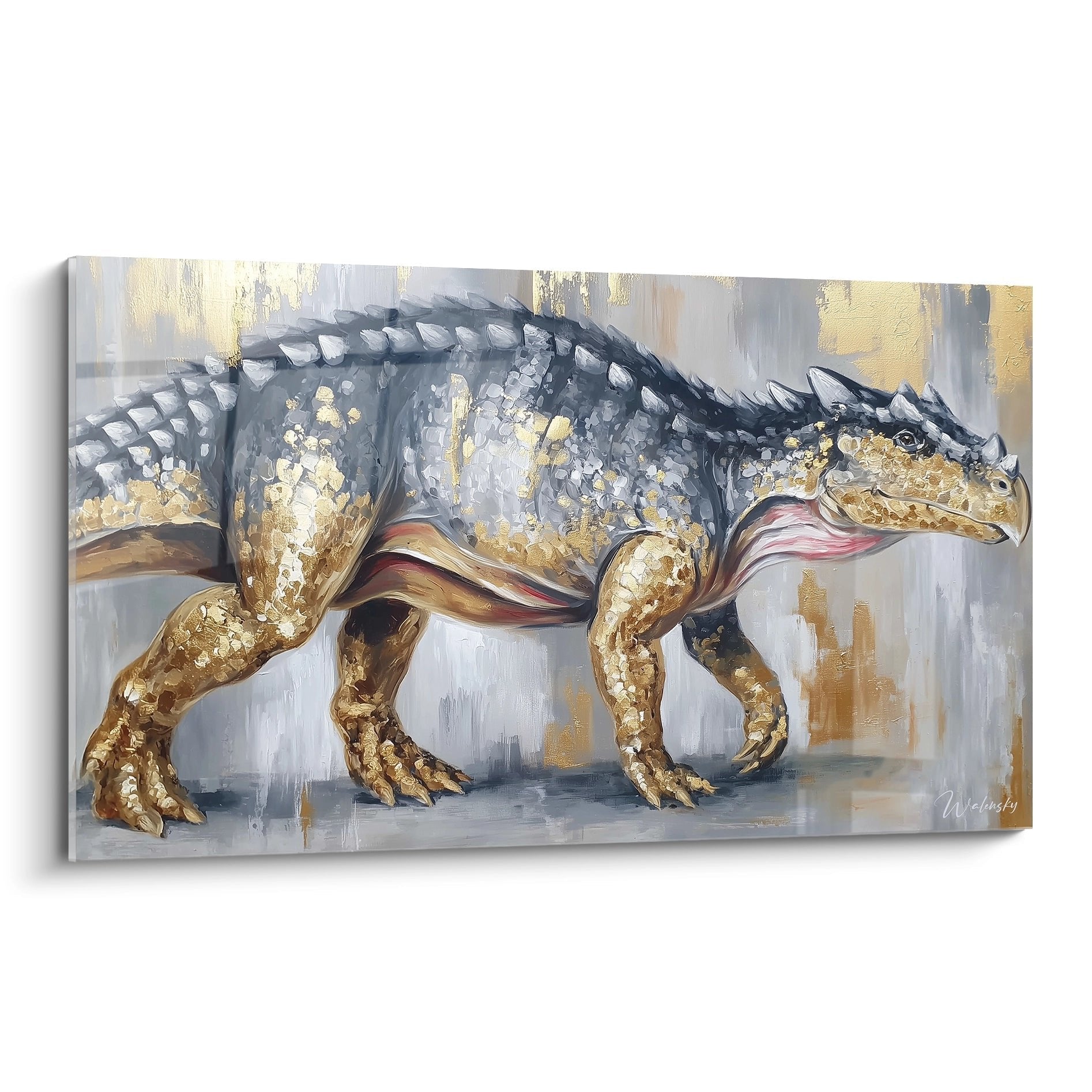 Wandbild Ankylosaurus mit goldenen Akzenten und grauer Panzerung auf abstraktem Hintergrund