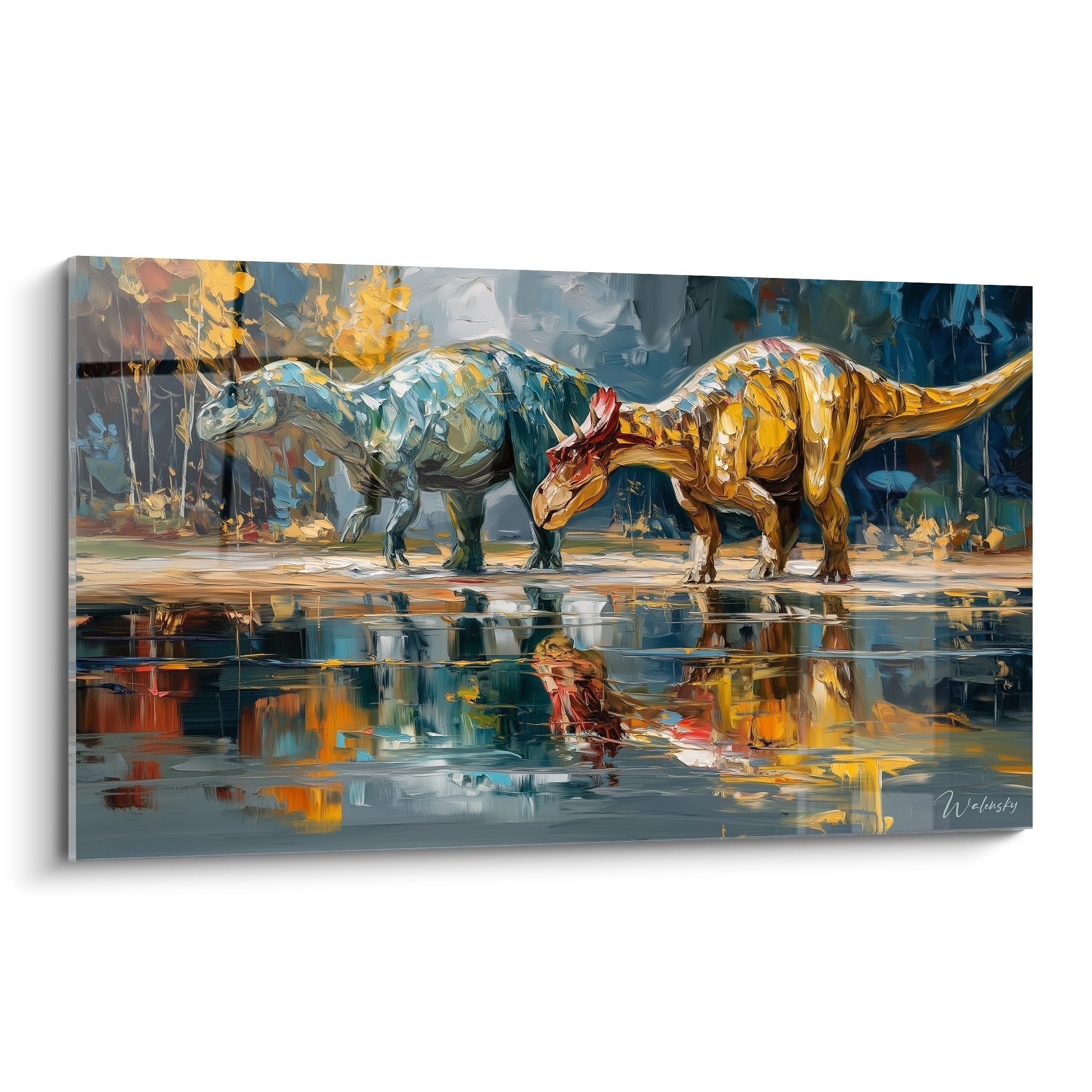 Wandbild mit zwei Dinosauriern am Wasserloch in impressionistischer Malweise mit warmen und kühlen Farbtönen