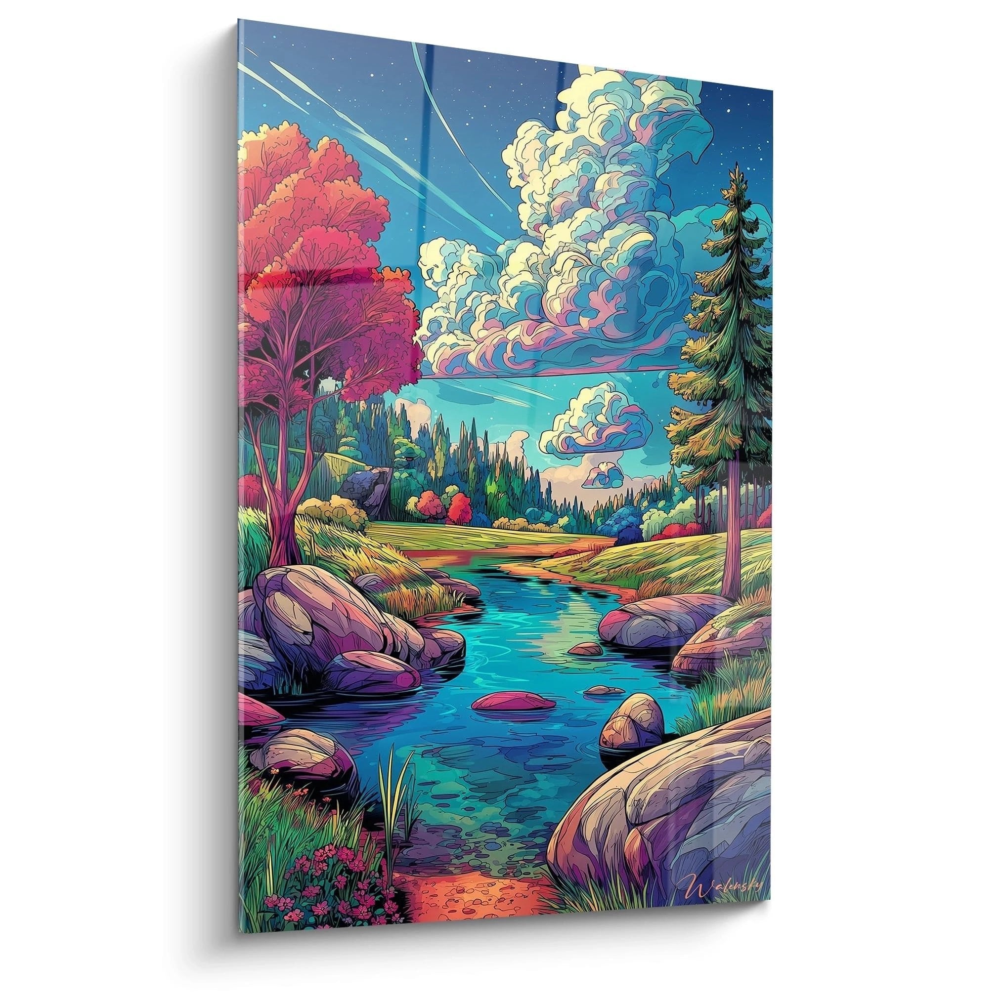 Fantastische Flusslandschaft im Comic-Stil mit bunten Bäumen und kristallklarem Bach