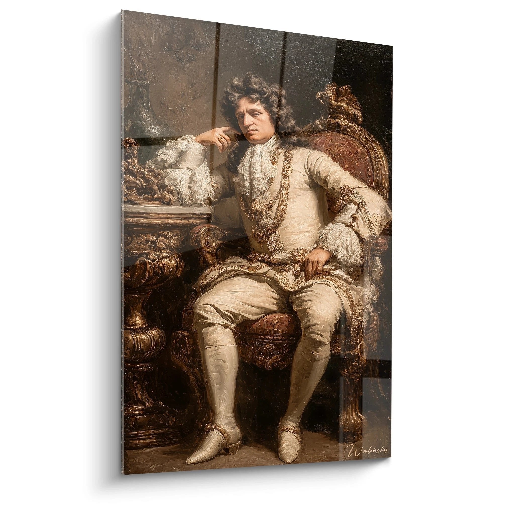 Wandbild barocker Adeliger in prunkvollem Sessel mit goldener Kleidung und Perücke im Ludwig XIV Stil