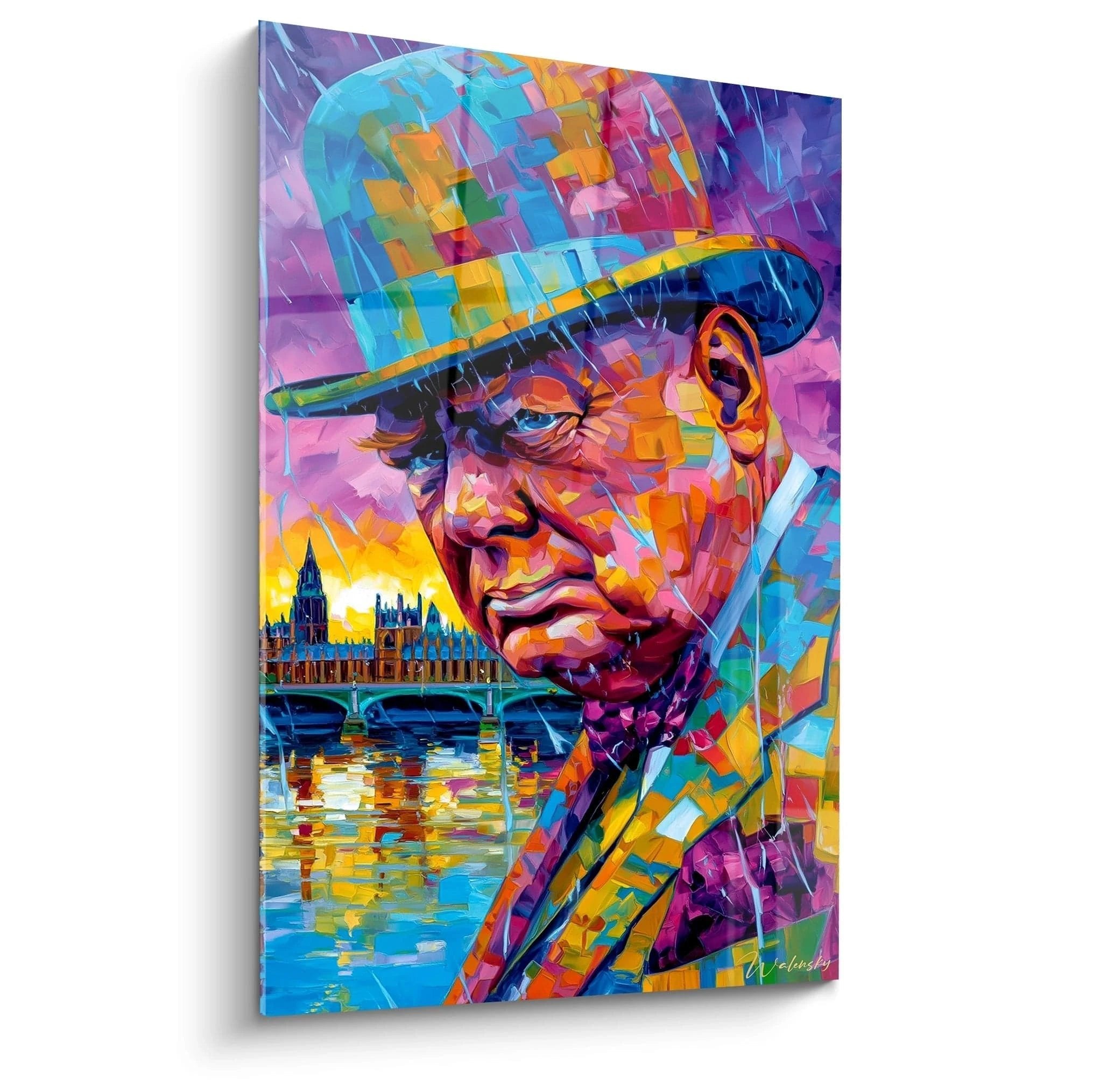 Winston Churchill Wandbild in expressionistischen Farben mit Londoner Skyline und Regentropfen