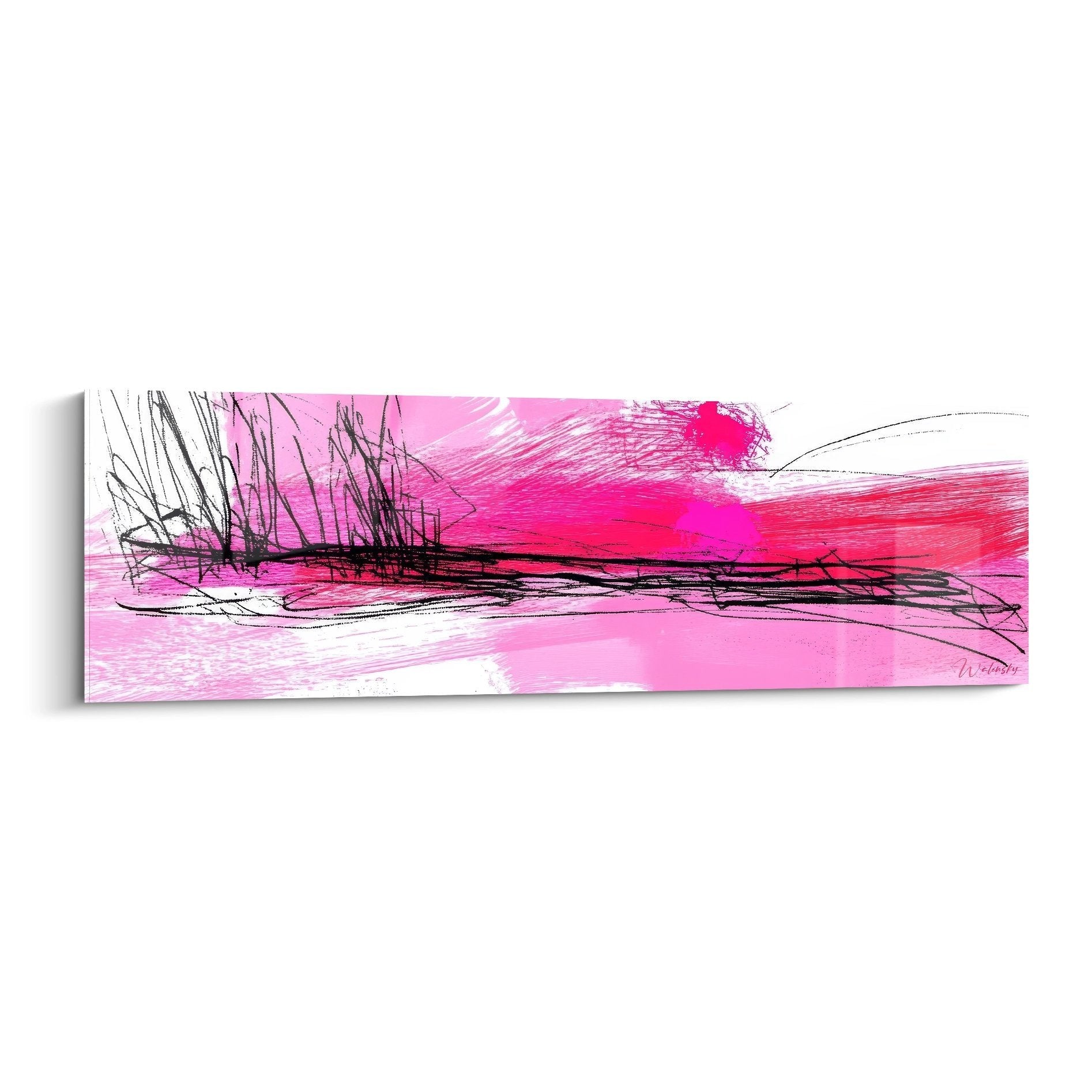 Abstraktes Wandbild in Rosa und Pink mit schwarzen Linien, moderne Zeichnung im Panoramaformat