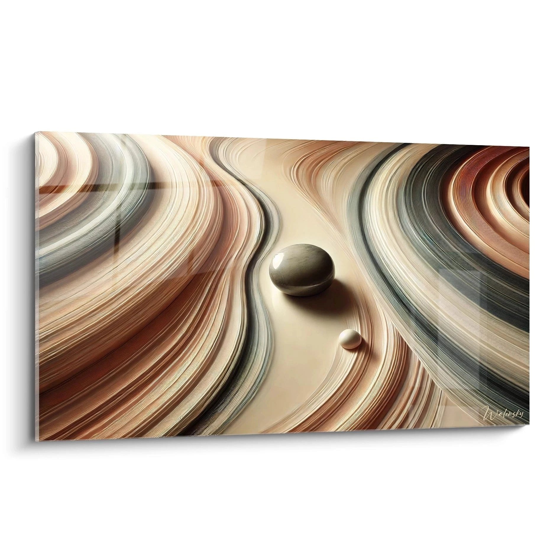 Zen-Steine auf gewellten Sandlinien in warmen Erdtönen - meditative Wanddekoration für entspannende Atmosphäre