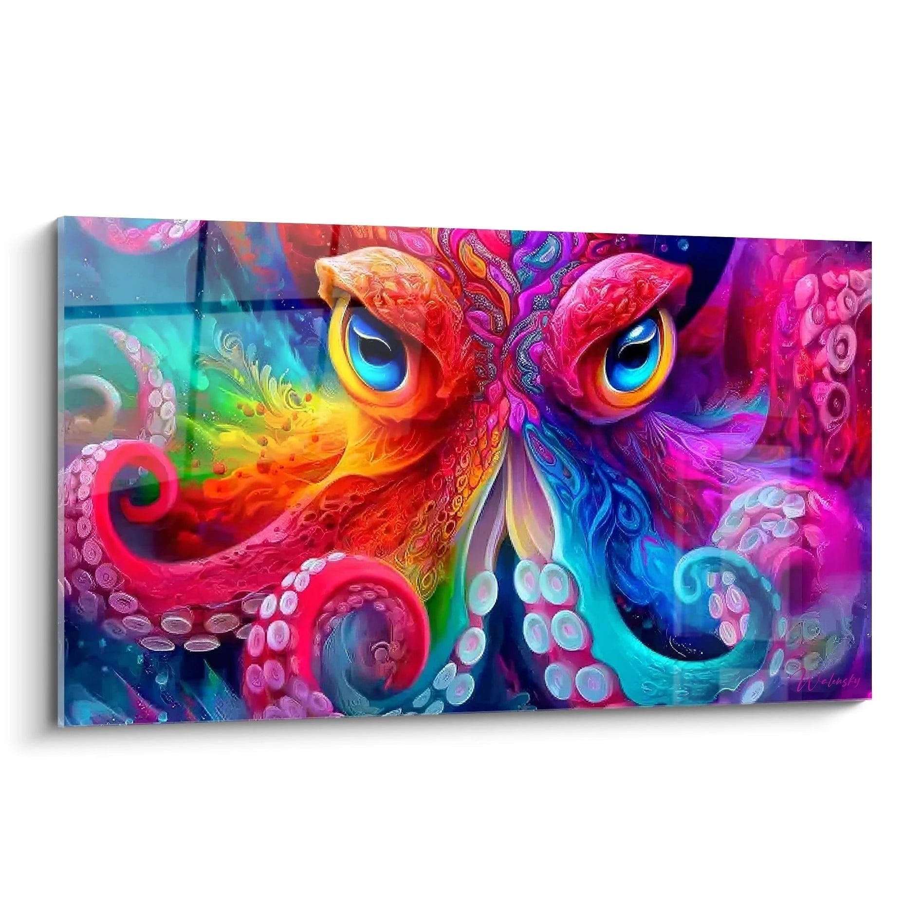 Psychedelisches Wandbild eines bunten Oktopus mit leuchtenden Tentakeln in Orange, Pink und Blau