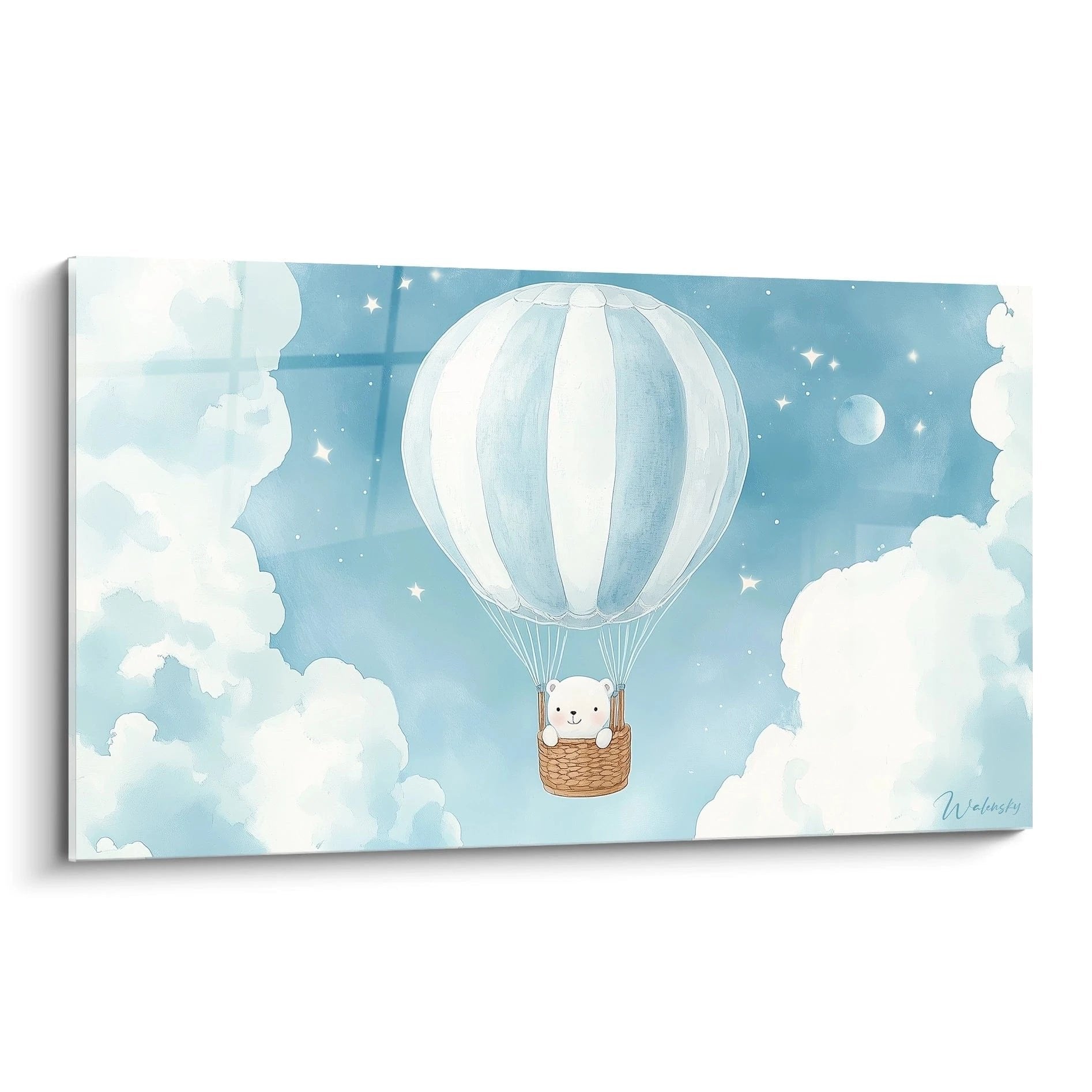 Wandbild Heißluftballon mit niedlichem Bären zwischen Wolken und Sternen für Kinderzimmer