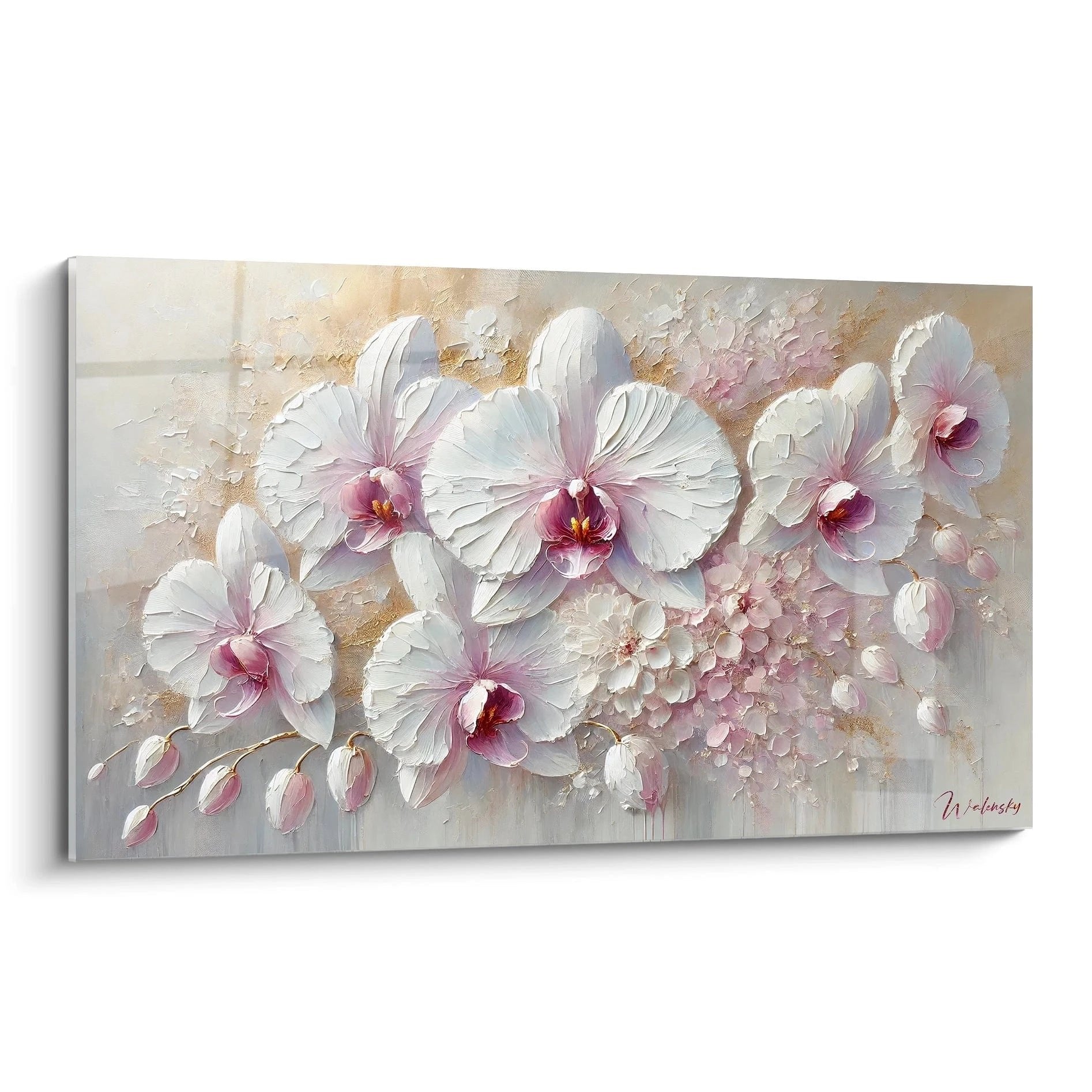 Wandbild weiße Orchideen mit rosa Akzenten auf neutralem Hintergrund, moderne Blumenmalerei Edition Blumen