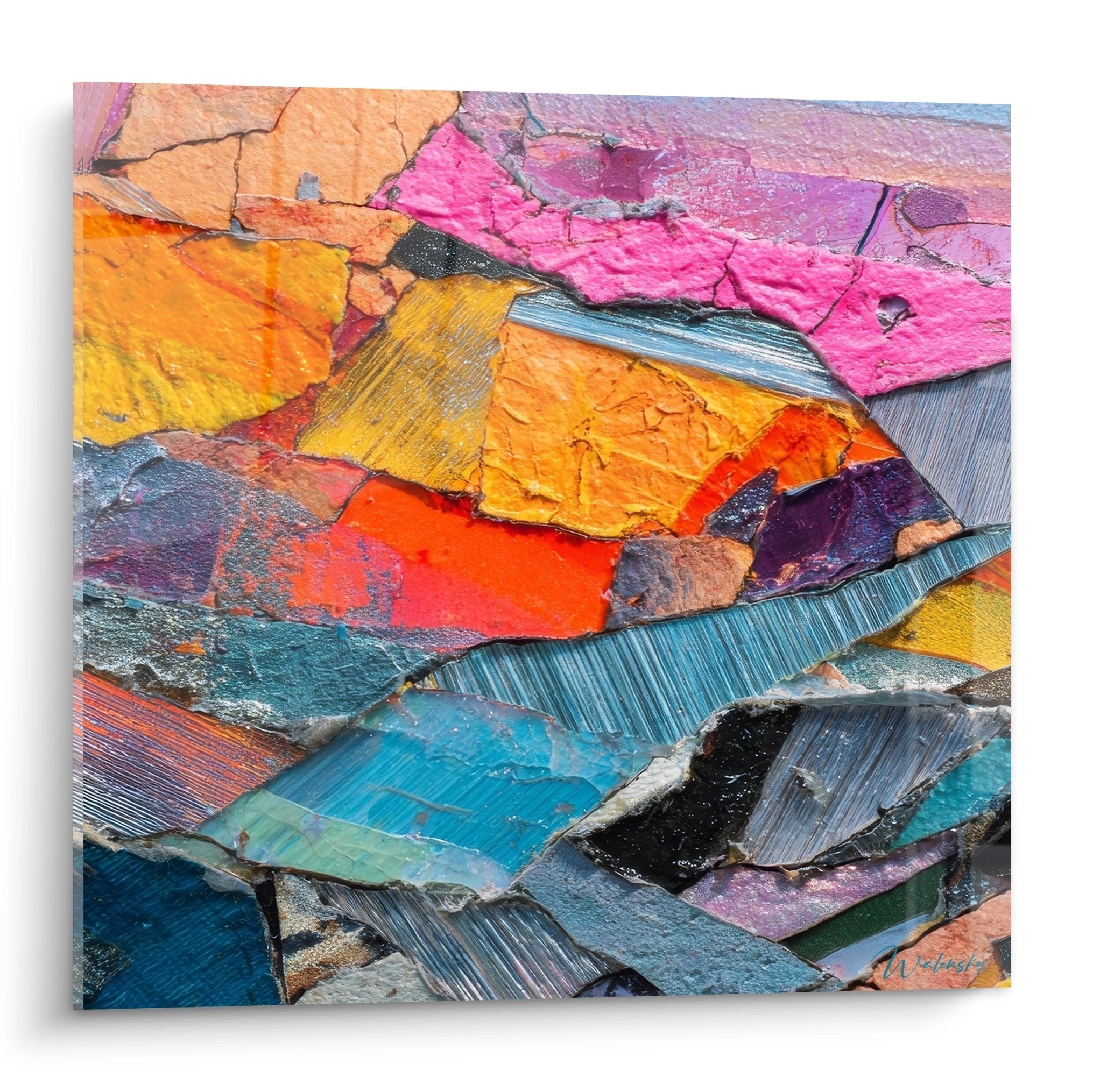 Abstraktes Wandbild mit bunten Farbschichten in Pink Orange Blau Collage-Technik geologische Optik