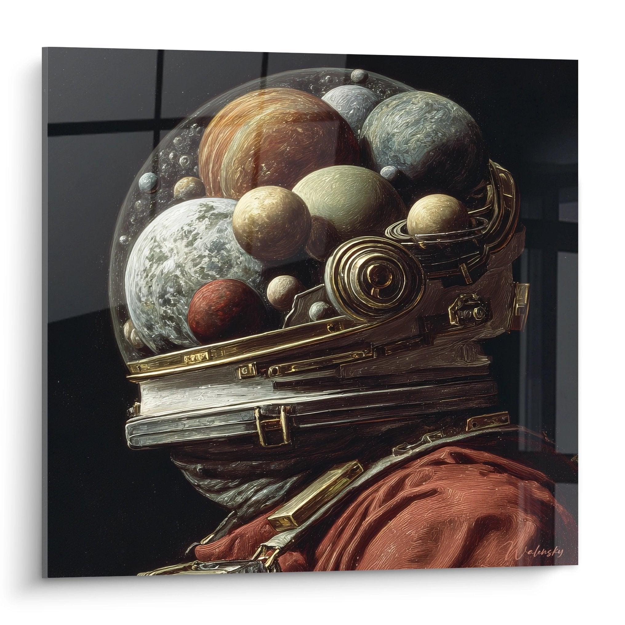 Surreales Wandbild eines Astronauten mit transparentem Helm voller schwebender Planeten in verschiedenen Farben und Größen