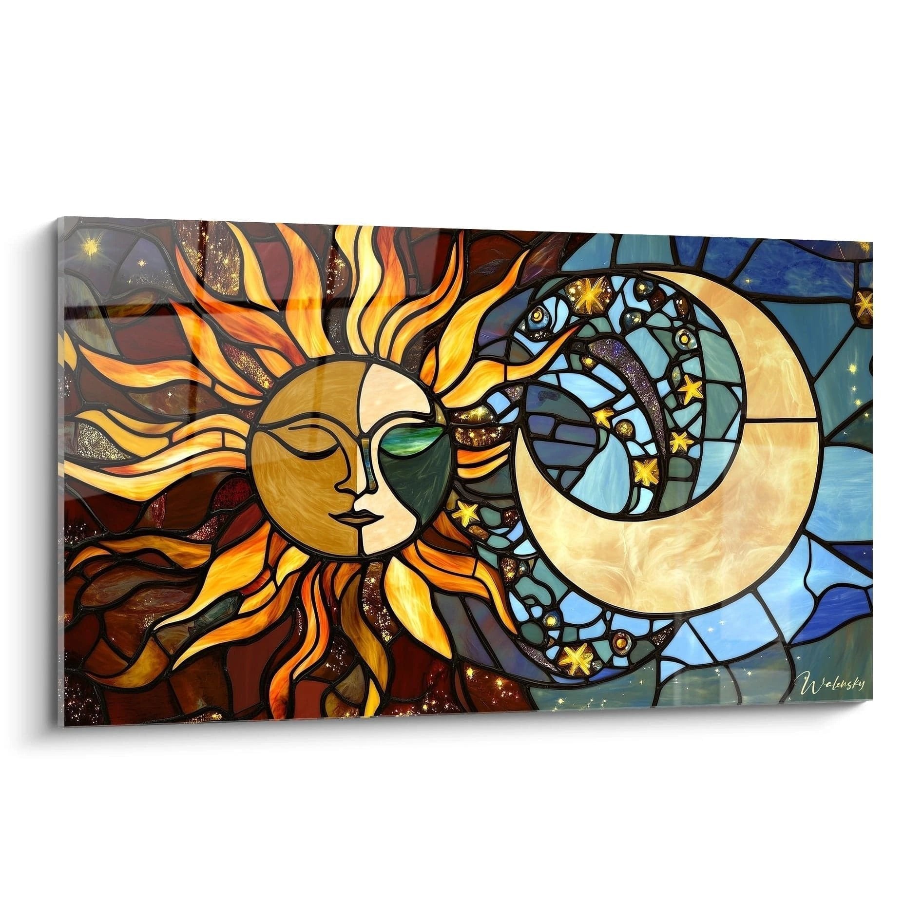 Wandbild Sonne und Mond in Glasmalerei-Optik mit warmen und kühlen Farbtönen, kosmische Harmonie darstellend