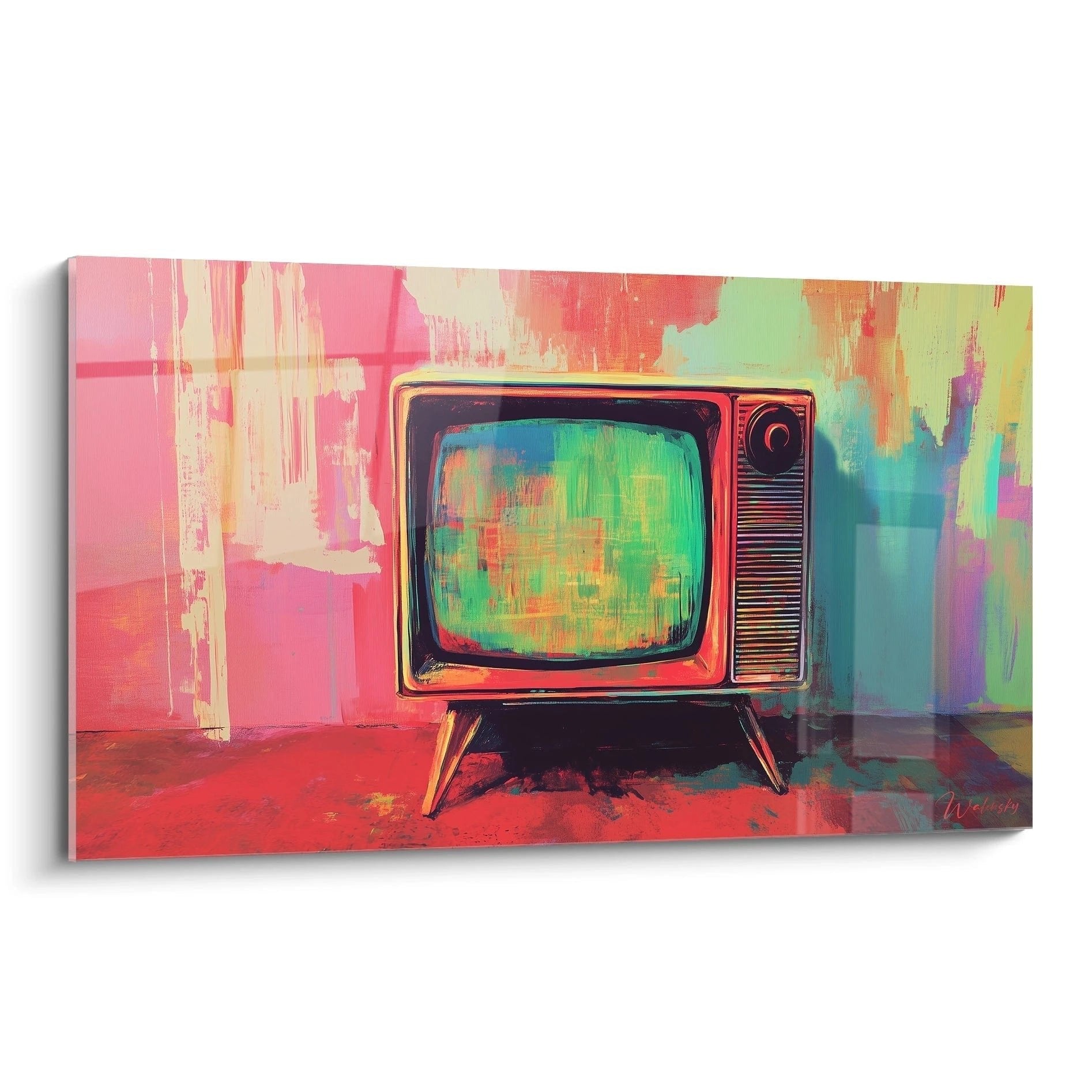 Wandbild Retro Fernseher in Pop Art Stil mit bunten Farben und Street Art Elementen für moderne Wanddekoration