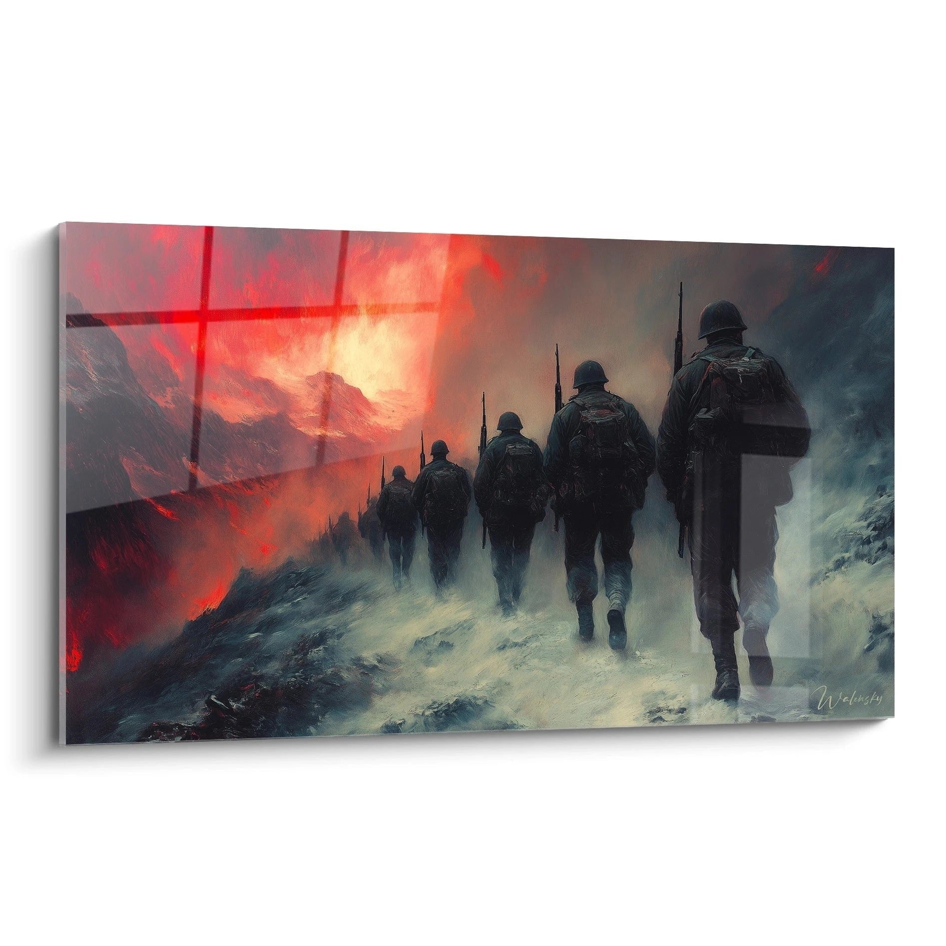 Wandbild zeigt fünf Soldaten mit Gewehren marschierend durch Schneesturm vor rotem dramatischem Himmel Erster Weltkrieg