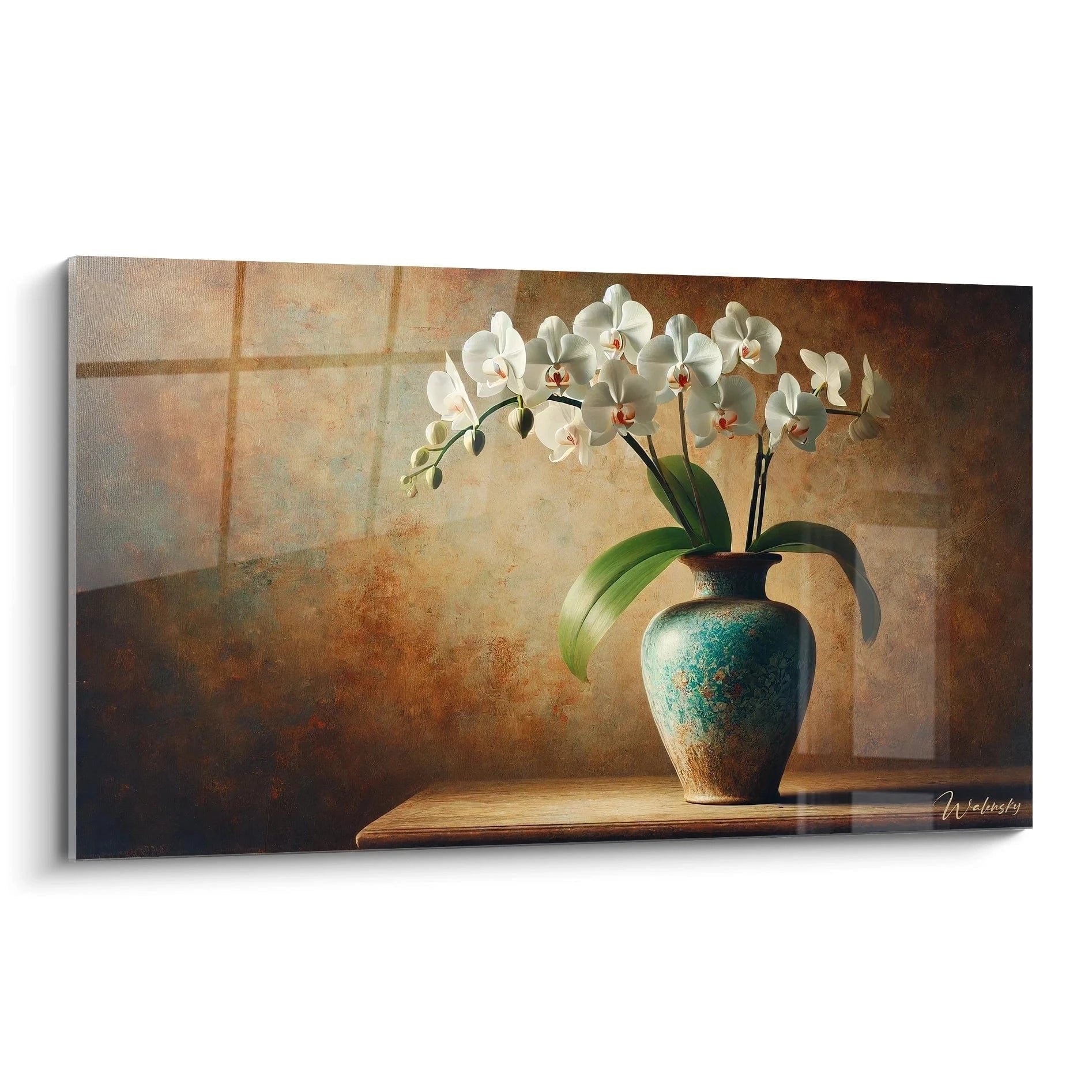 Wandbild weiße Orchideen in antiker türkiser Vase mit warmem Licht - Edition Blumen
