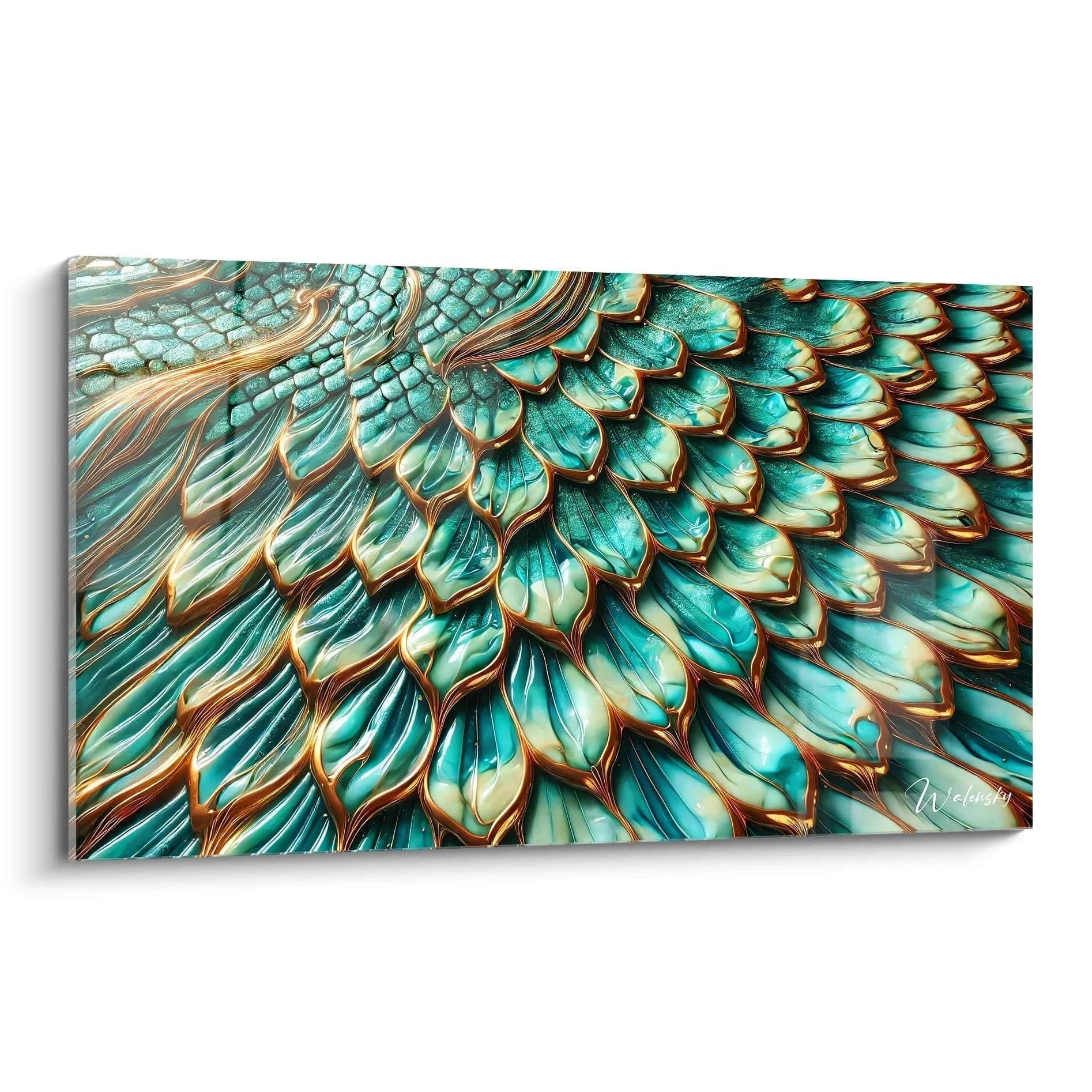 Wandbild türkisene Drachenschuppen in spiralförmiger Anordnung mit Epoxidharz-Optik und goldenen Akzenten