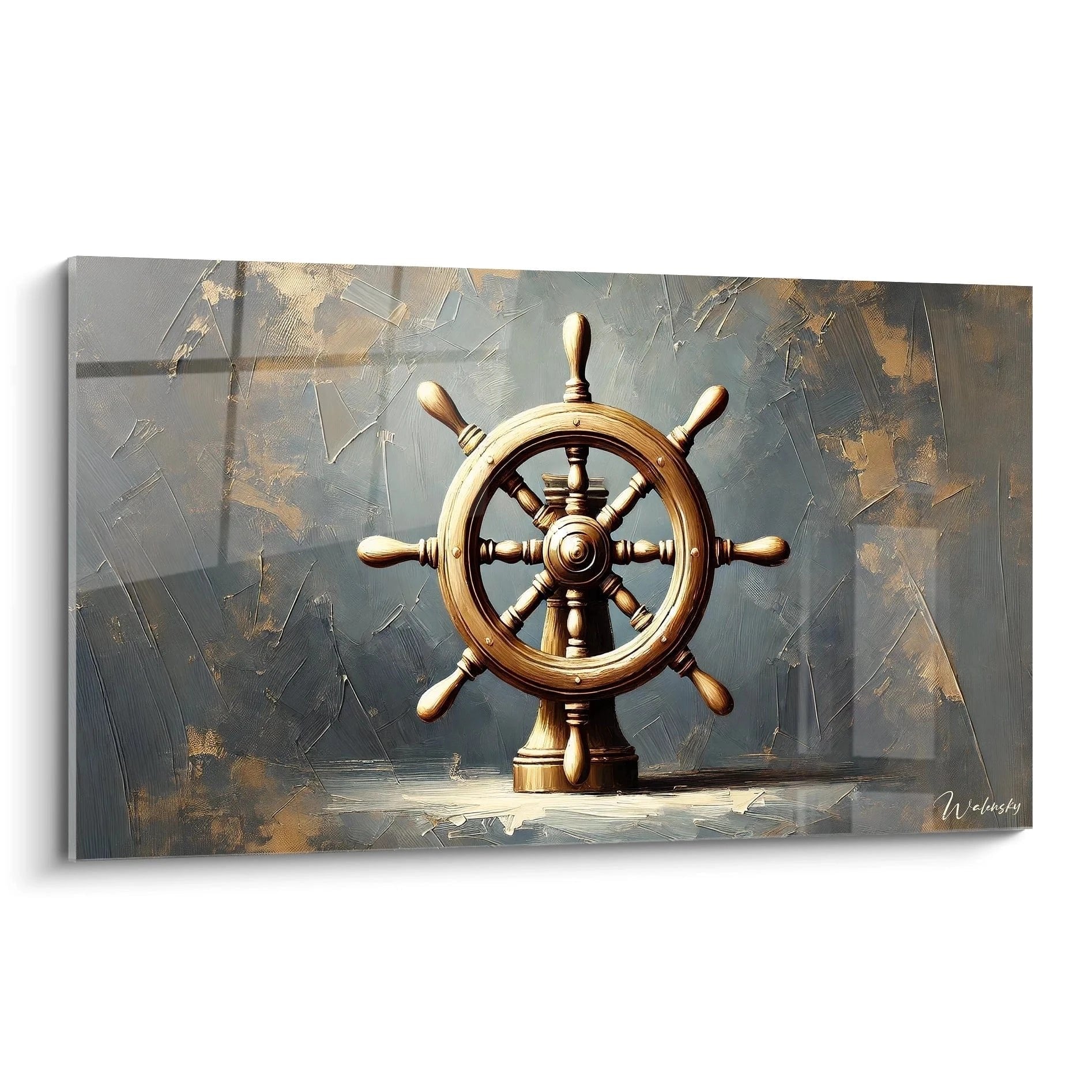 Goldenes Schiffssteuerrad Wandbild auf grauem Hintergrund, maritime Kunst für nautische Dekoration