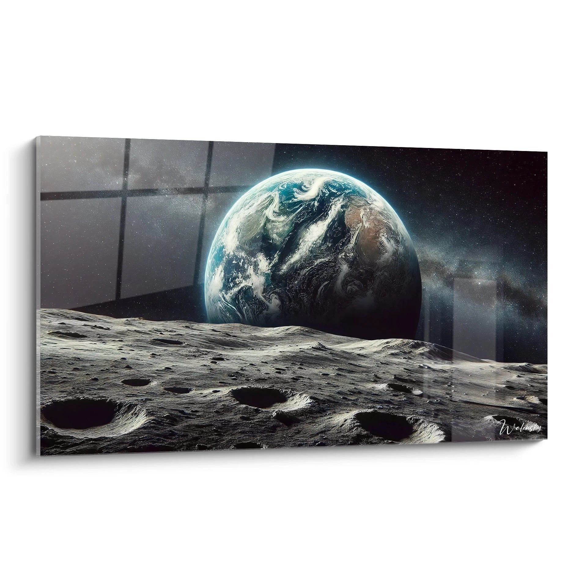 Wandbild Erdaufgang vom Mond mit blauem Planet über grauer Mondlandschaft und Sternen im Weltraum