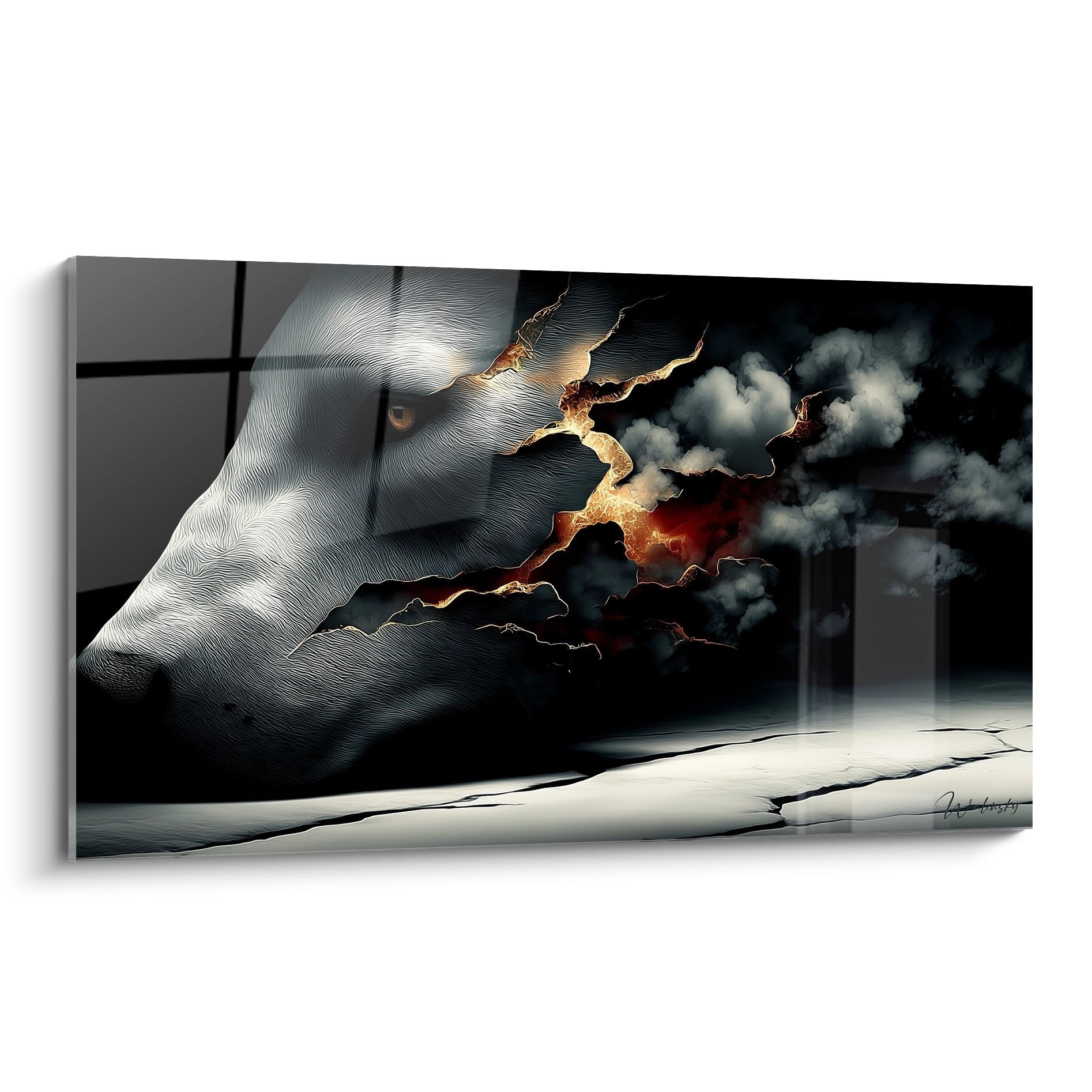 Surreales Wandbild zeigt Gesicht im Profil mit Rissen und Wolken, moderne Kunst über innere Zerrissenheit