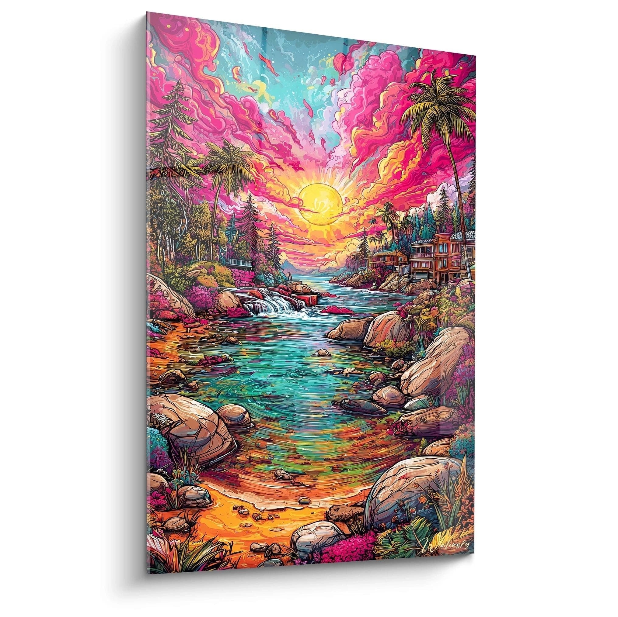 Wandbild tropische Flusslandschaft mit Sonnenuntergang im Comic-Stil, rosa Himmel und türkises Wasser