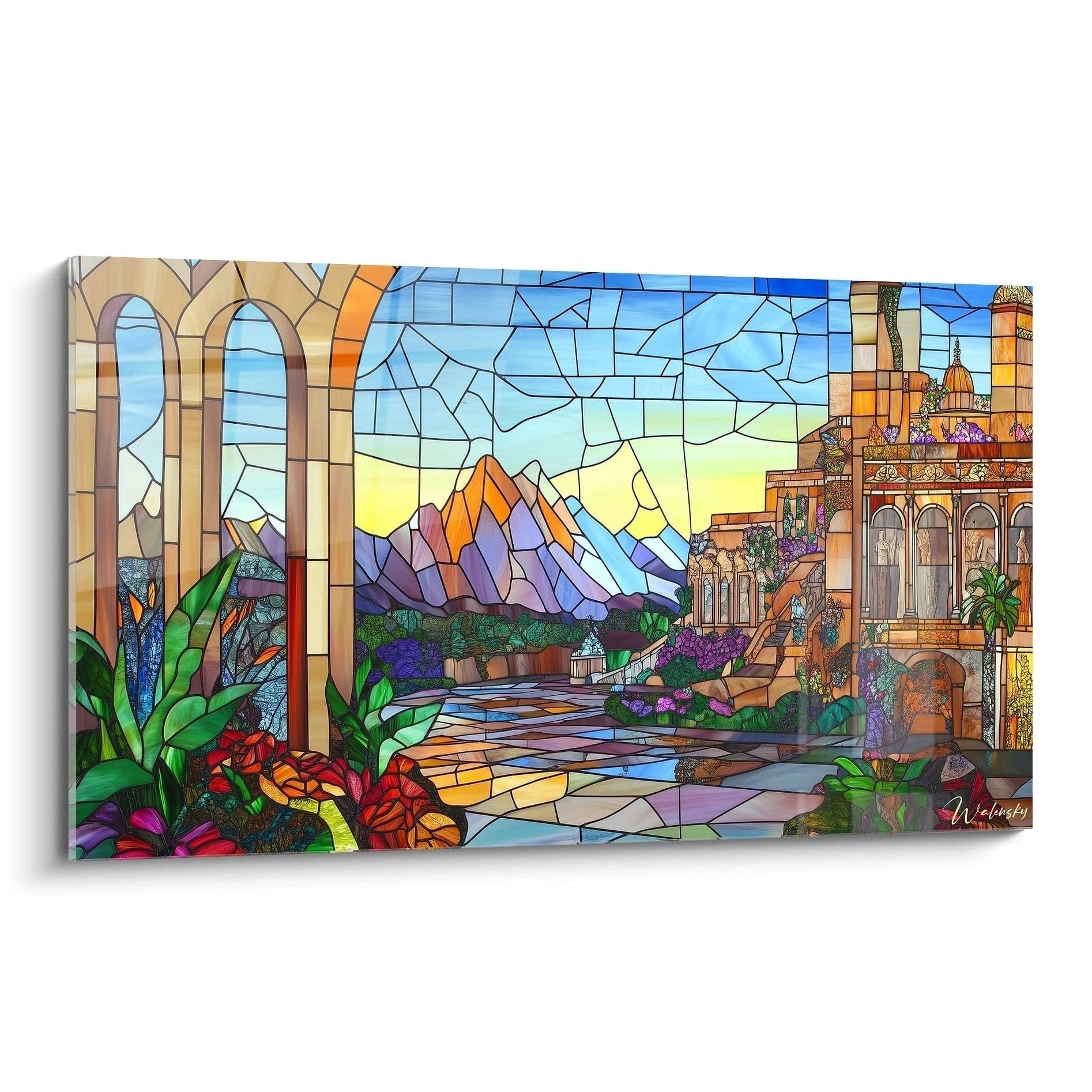 Wandbild mediterrane Terrasse mit Arkaden und Bergblick in bunter Glasmalerei-Optik