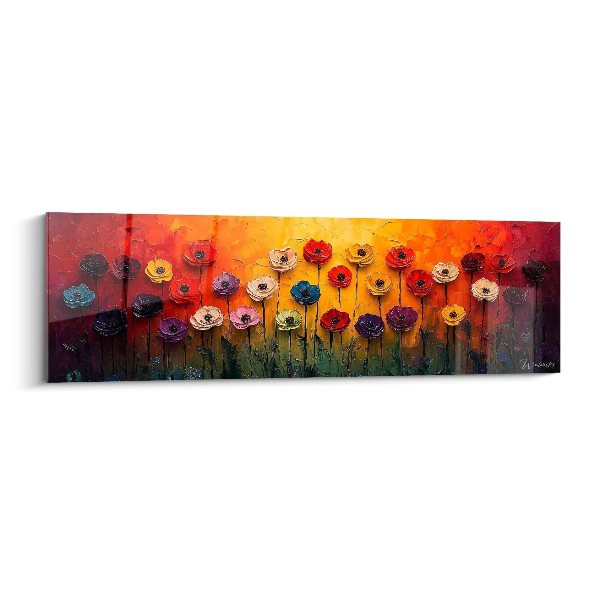 Buntes Wandbild mit Mohnblumen vor goldenem Sonnenuntergang in verschiedenen Farben als moderne Wanddekoration