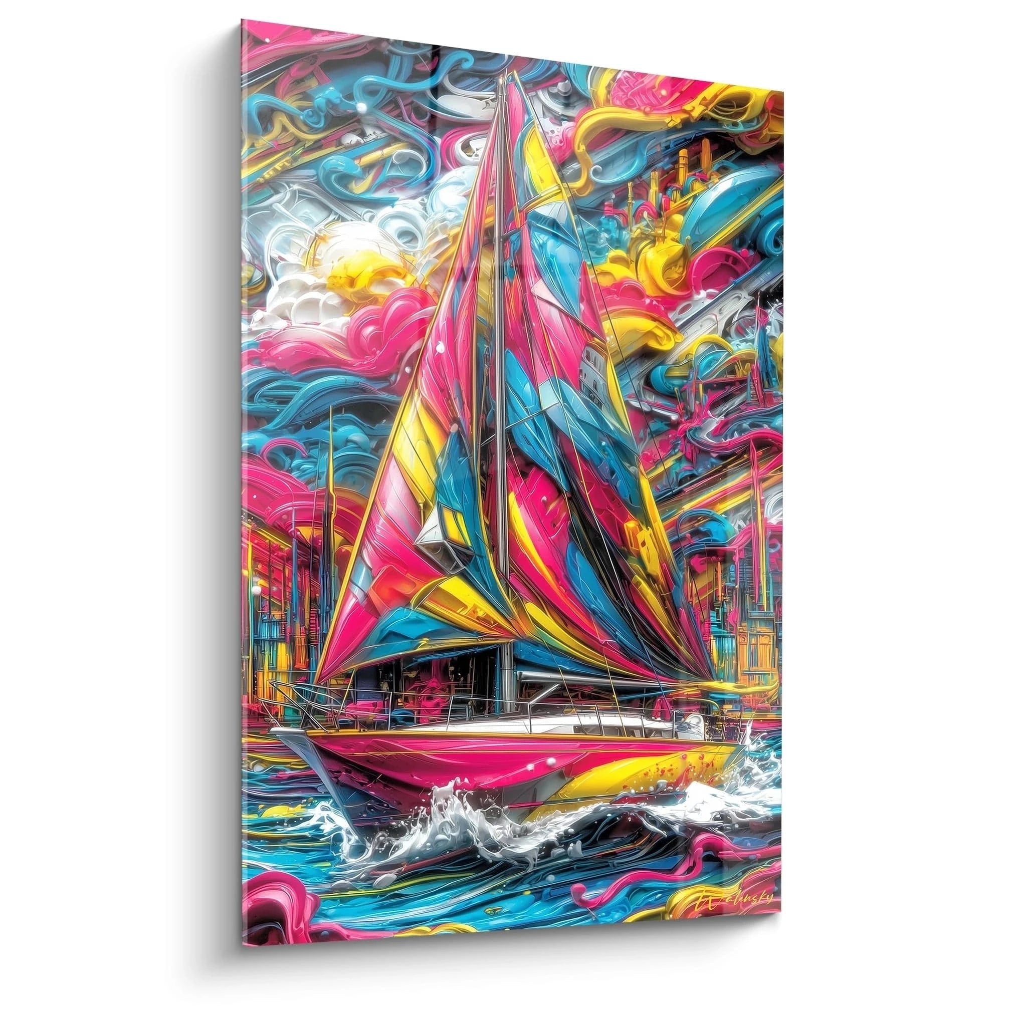 Wandbild Segelboot mit bunten Segeln in Pink Blau Gelb maritime Farbexplosion Kunst