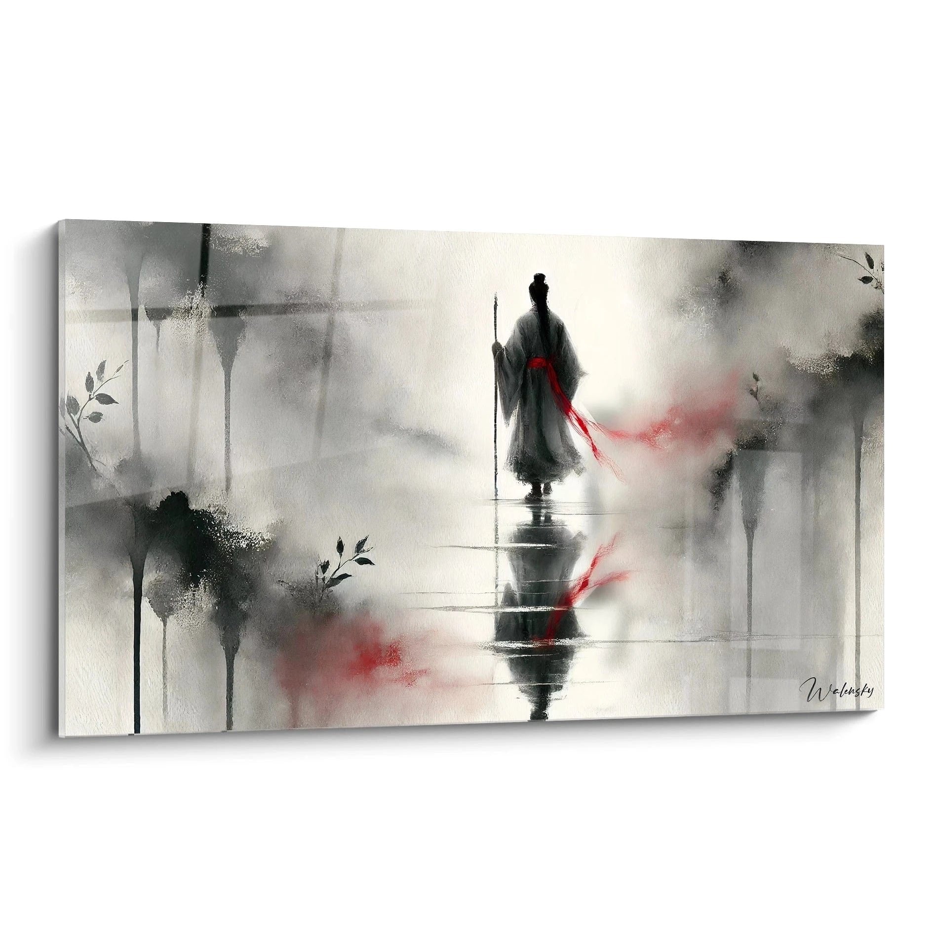 Wandbild Samurai Krieger in nebligem japanischen Tempel mit Wasserspiegelung und roter Schärpe