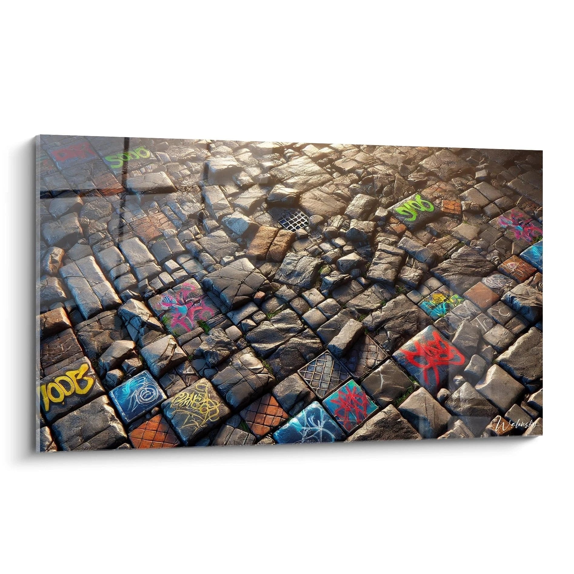 Urbanes Steinmosaik Wandbild mit bunten Graffiti-Elementen zwischen natürlichen Pflastersteinen