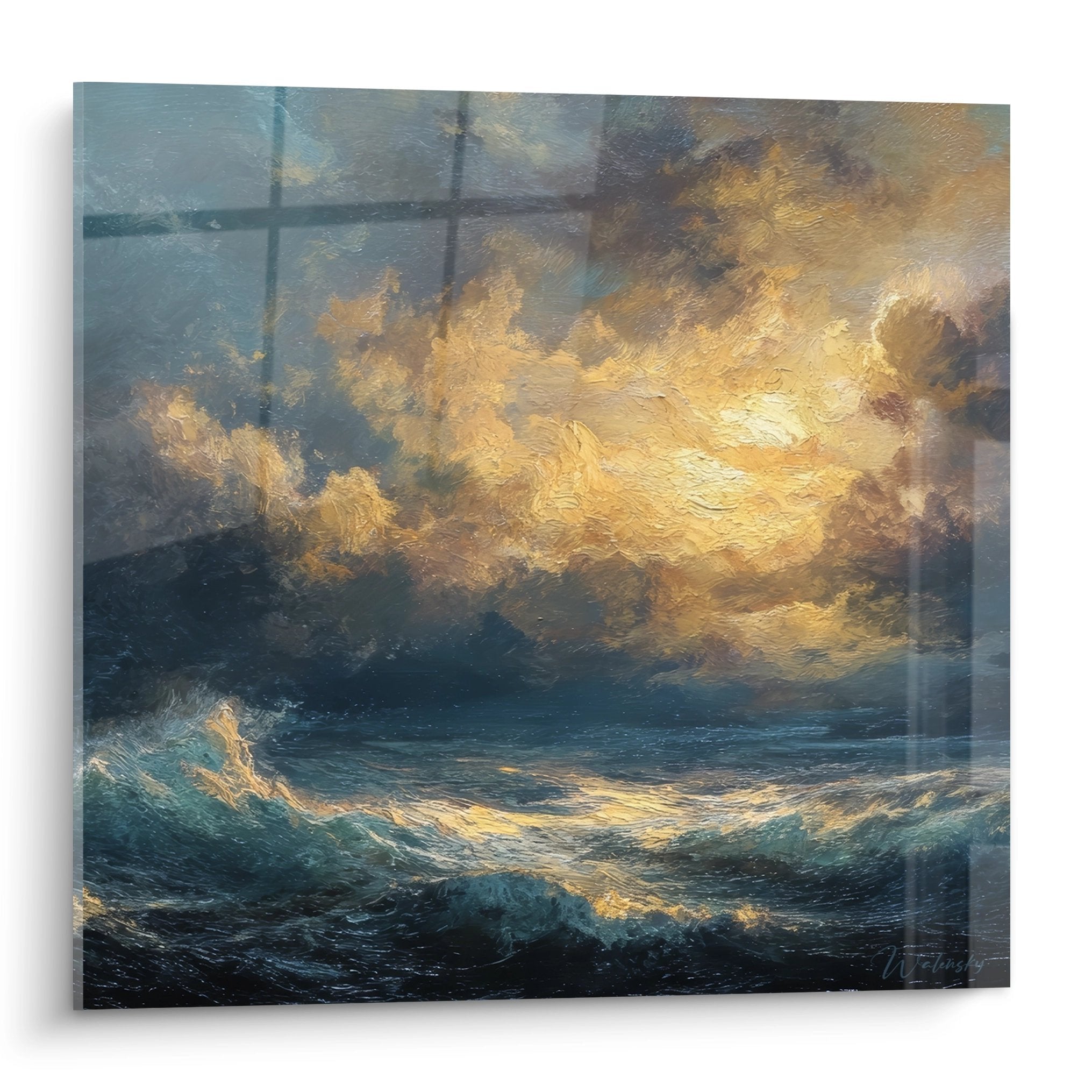 Wandbild stürmische See mit goldenen Sonnenstrahlen durch dramatische Wolken - Edition Meer Kunstdruck
