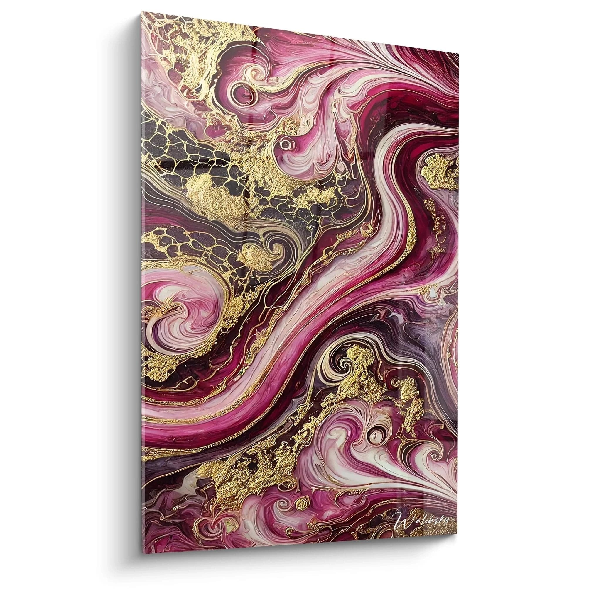 Luxuriöses Wandbild mit abstrakten Marmor-Wirbeln in Rosa- und Goldtönen mit Epoxidharz-Optik für moderne Wohnräume