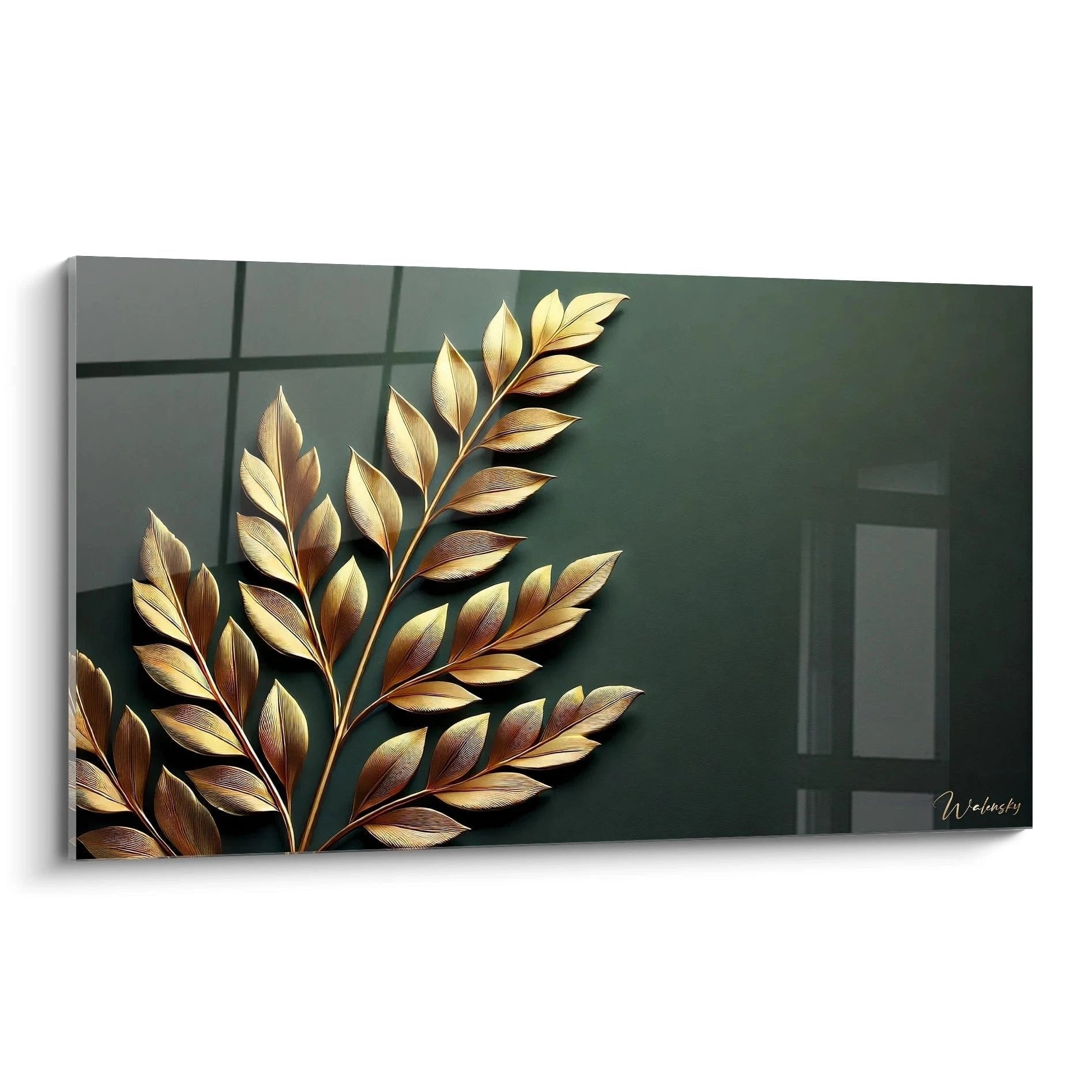 Wandbild mit goldenen Blättern auf dunkelgrünem Hintergrund - Edition Goldenes Blatt