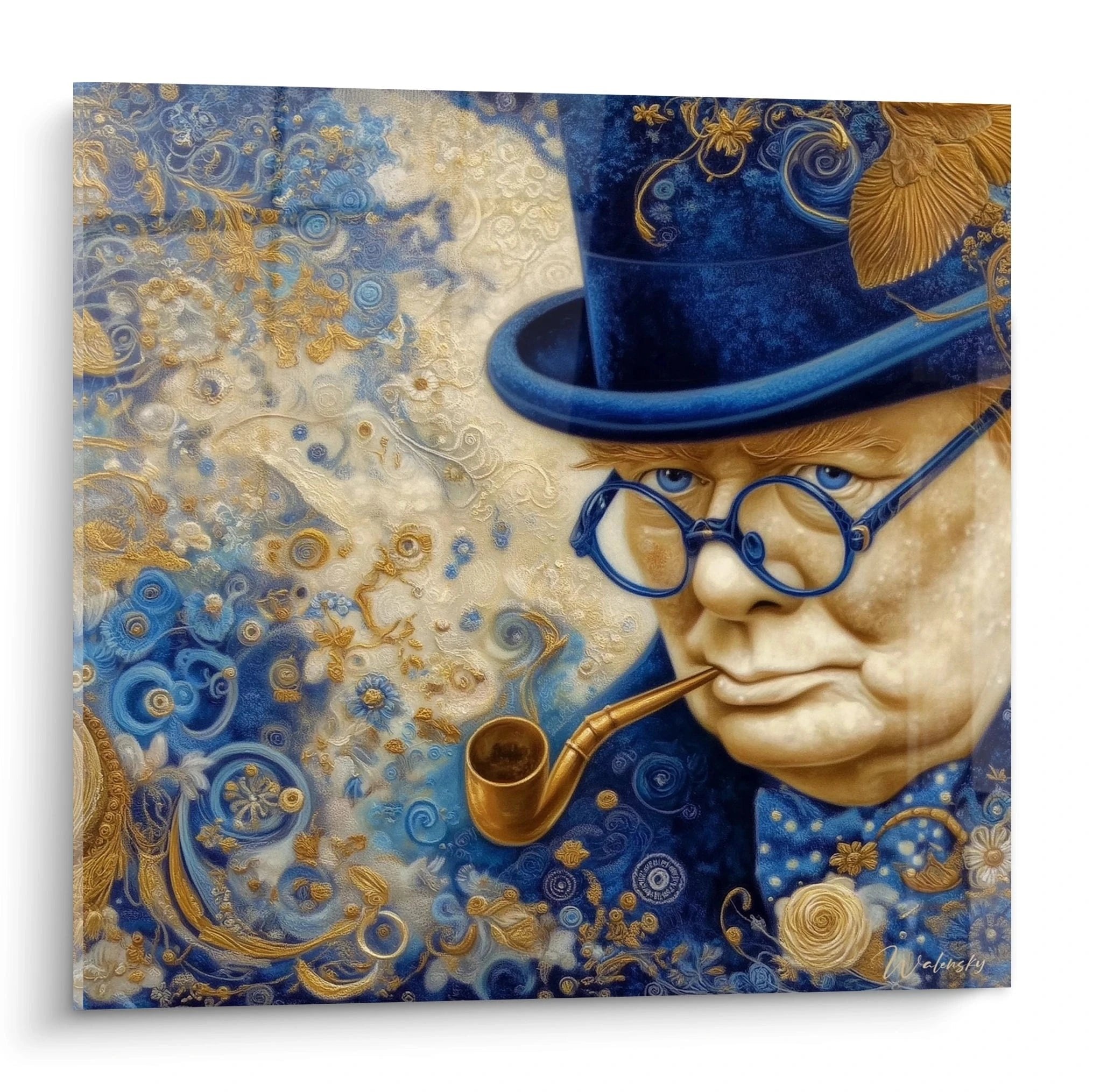 Churchill Steampunk Portrait Wandbild mit blauem Zylinderhut, Brille und Zigarre in Gold-Blau Ornamentik